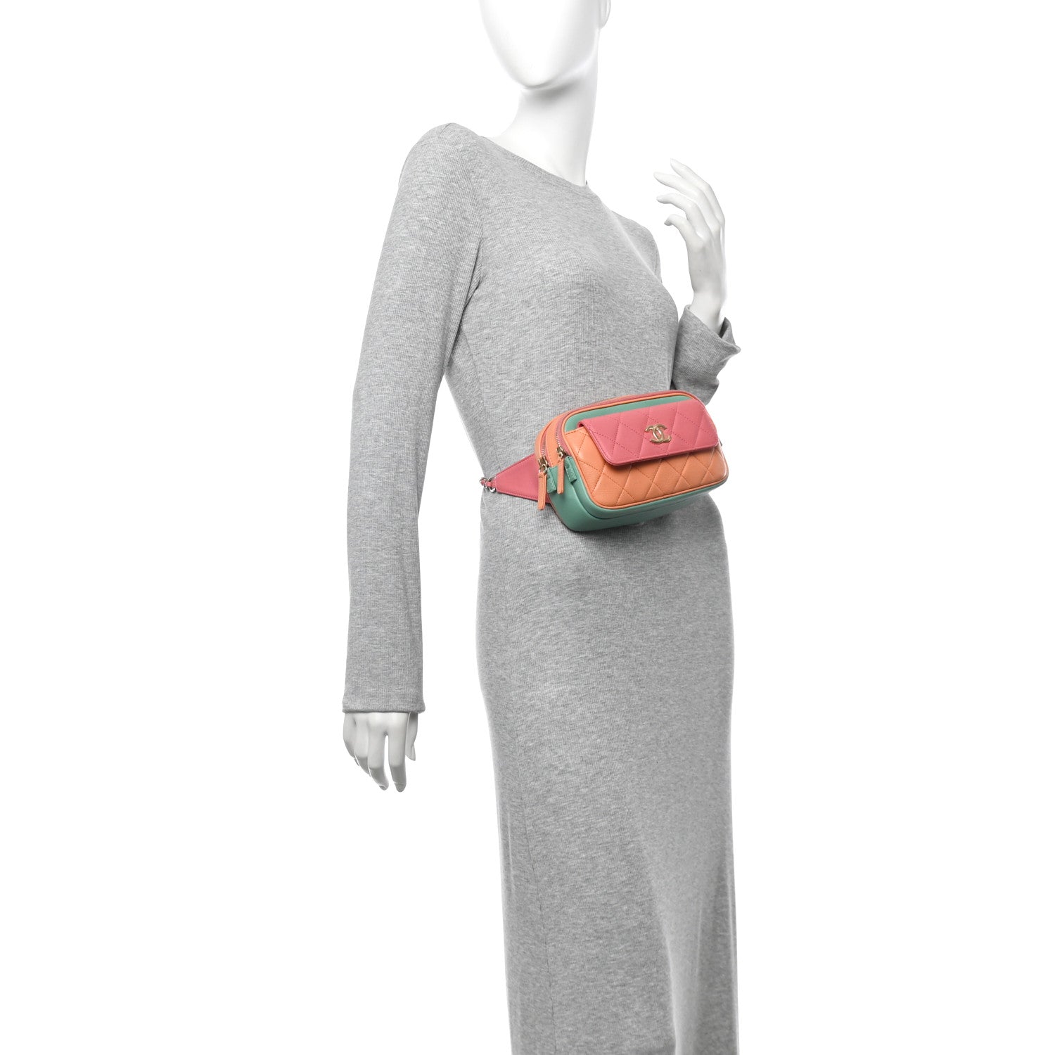 Chanel Goatskin Quilted Tri-Color In & Out Waist Bag Orange Green Pink 2 of 13