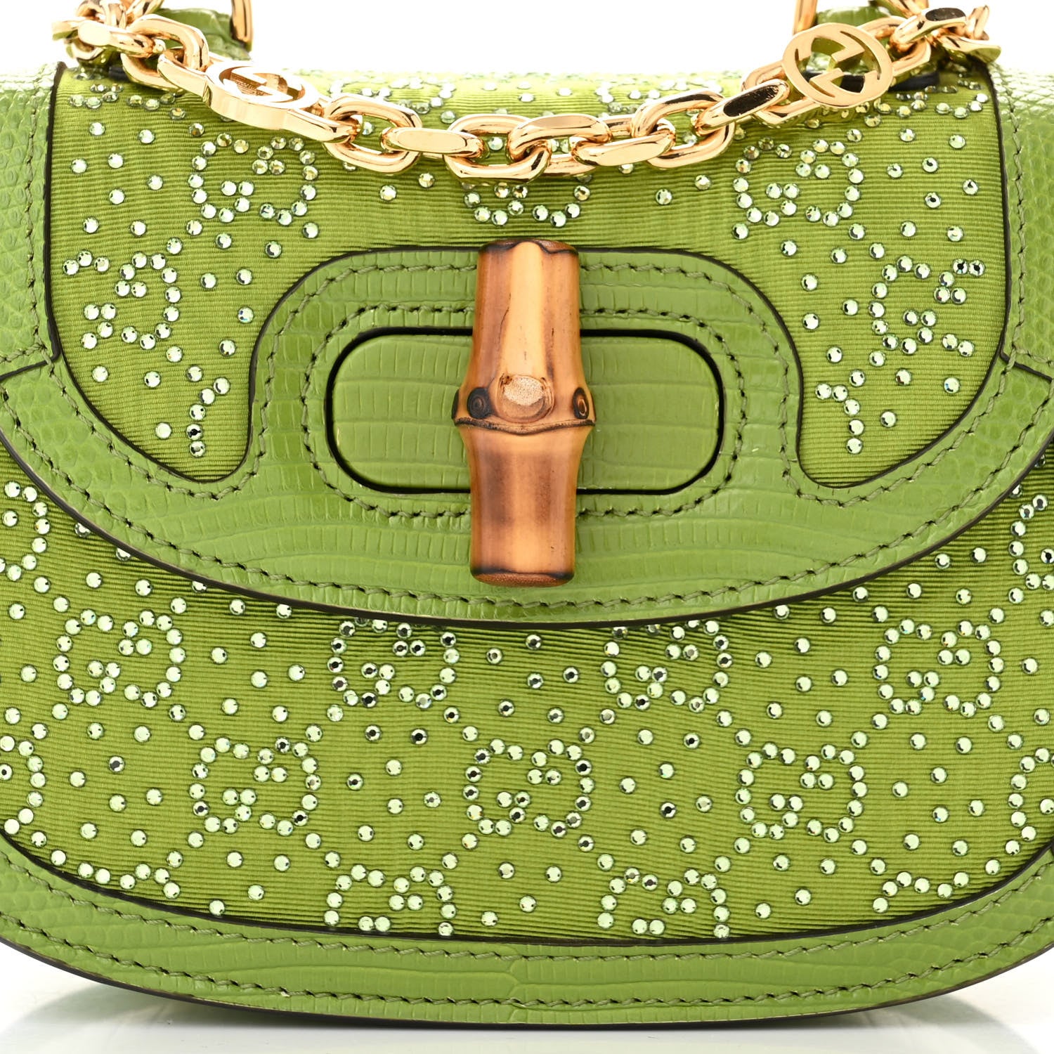 GUCCI ビーズ刺繍の黄緑色パーティーバッグ Gucci Moire Fabric Calfskin Rhinestone Monogram Monochrome Lizard