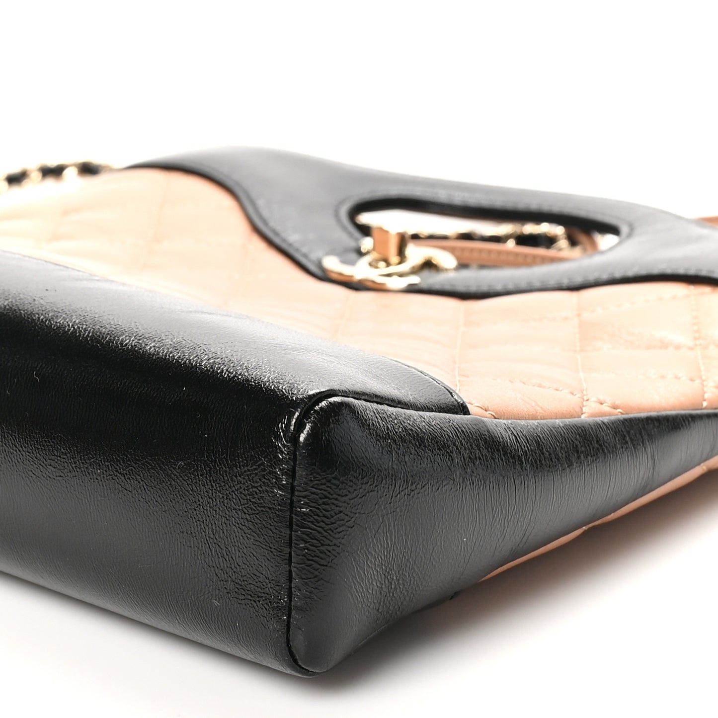 Shiny Crumpled Calfskin Quilted Mini 31 Shopping Bag Dark Beige Black