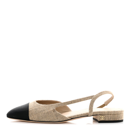 Chanel Fabric Grosgrain Cap Toe CC Slingback Flats 37.5 Light Beige Black 1 of 9
