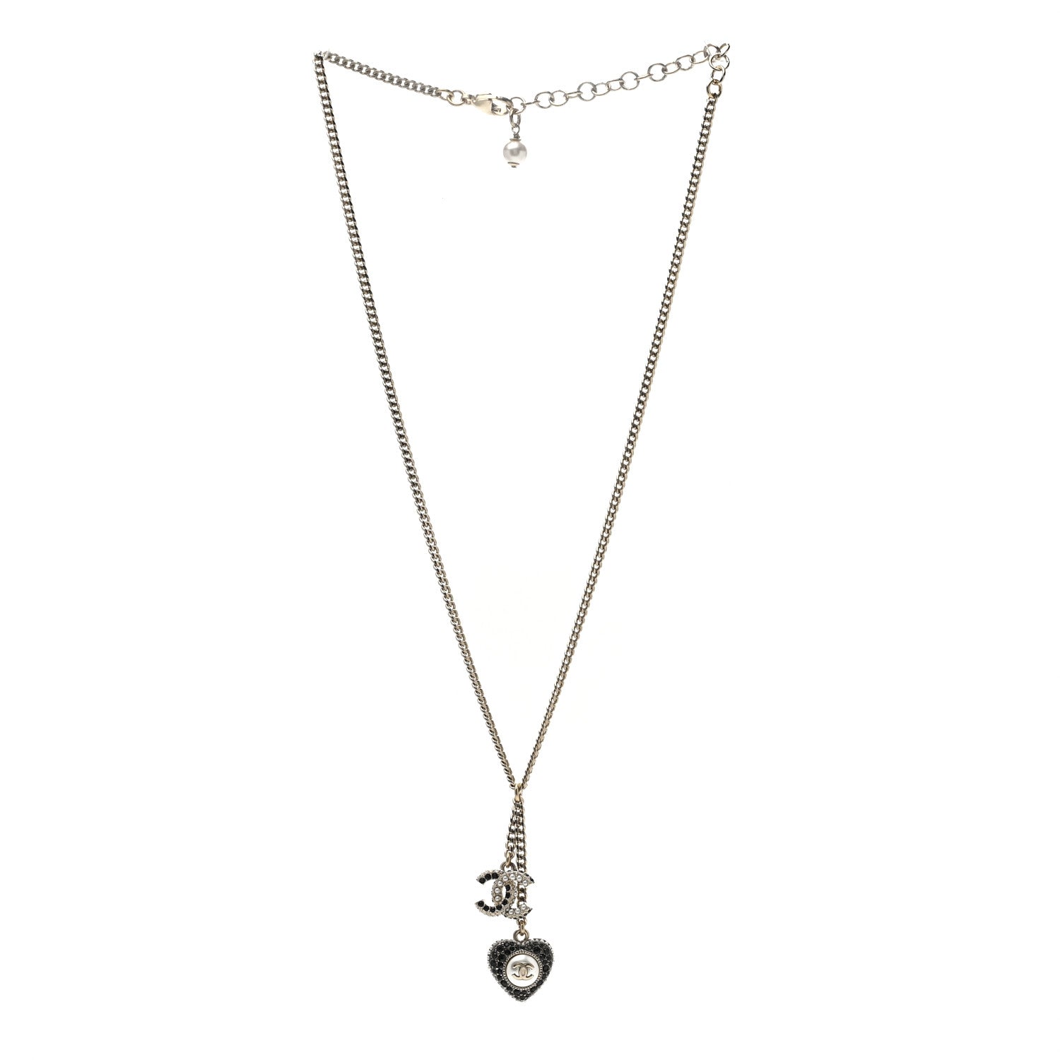 Chanel Pearl Crystal CC Heart Necklace Gold Pearly White Black 2 of 4