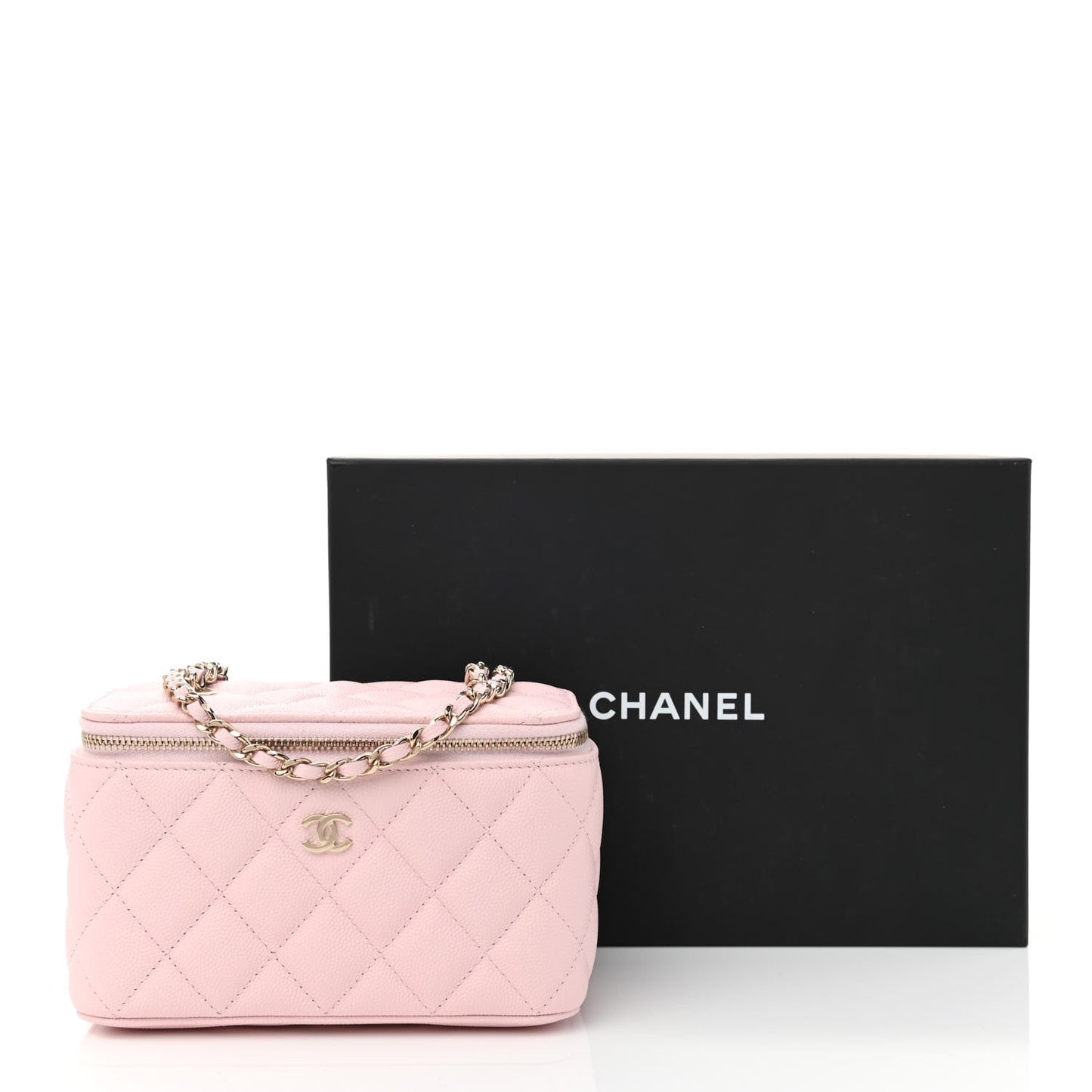 Caviar Quilted Small Vanity Case With Chain Light Pink