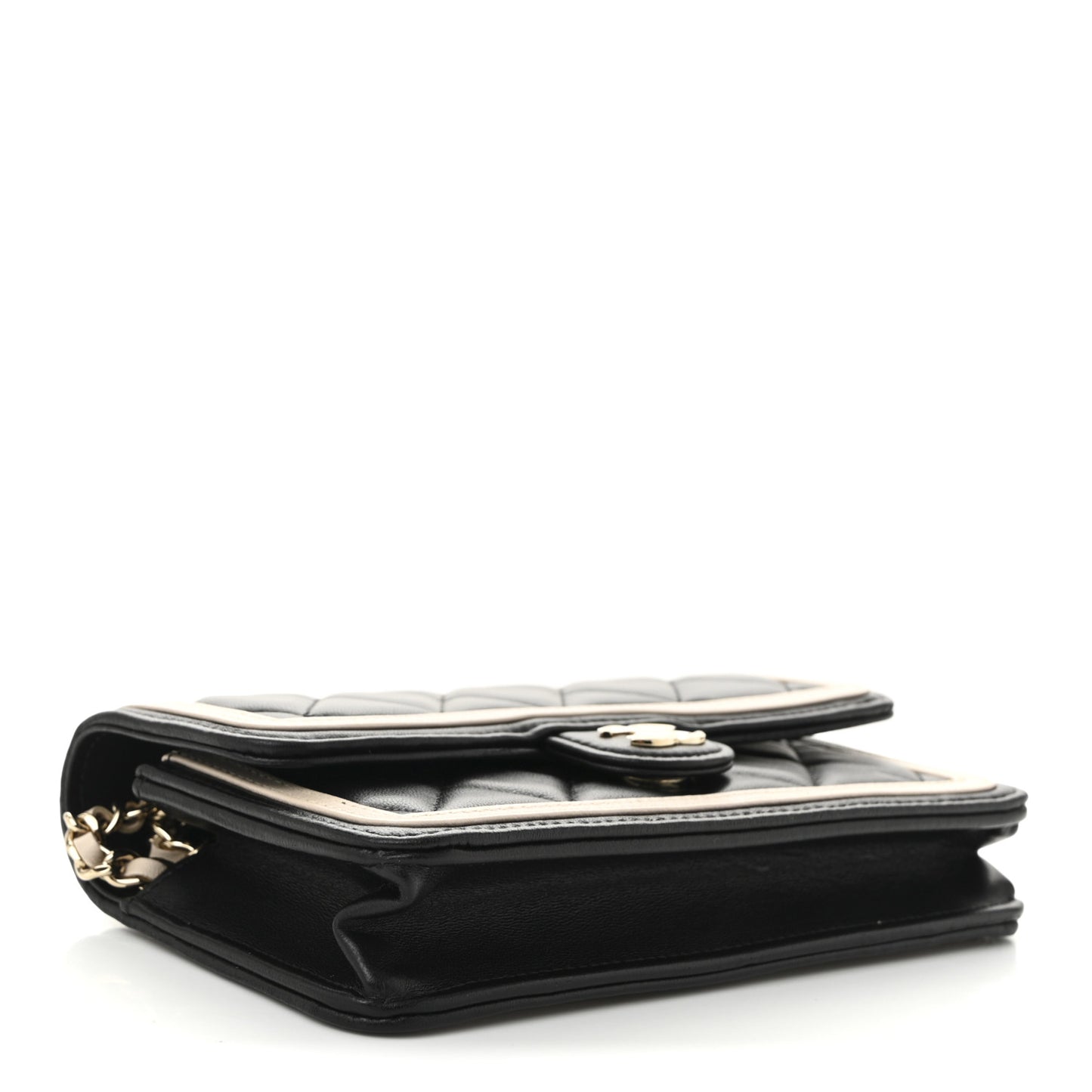 Lambskin Quilted Flap Phone Holder With Chain Black Beige