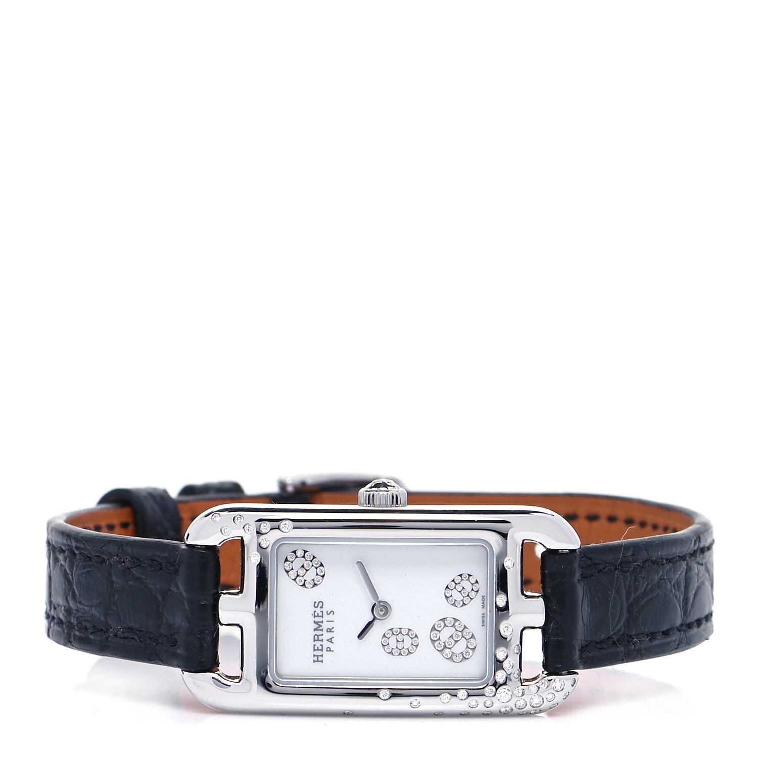 Hermes Stainless Steel Alligator Diamond 17mm Nantucket Quartz Watch Noir 2 of 7