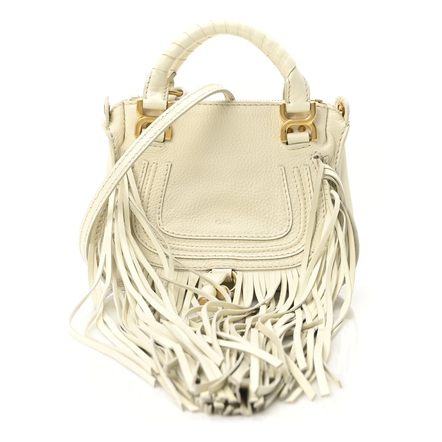 Shiny Small Grain Calfskin Mini Marcie Multi Fringe Satchel Natural White