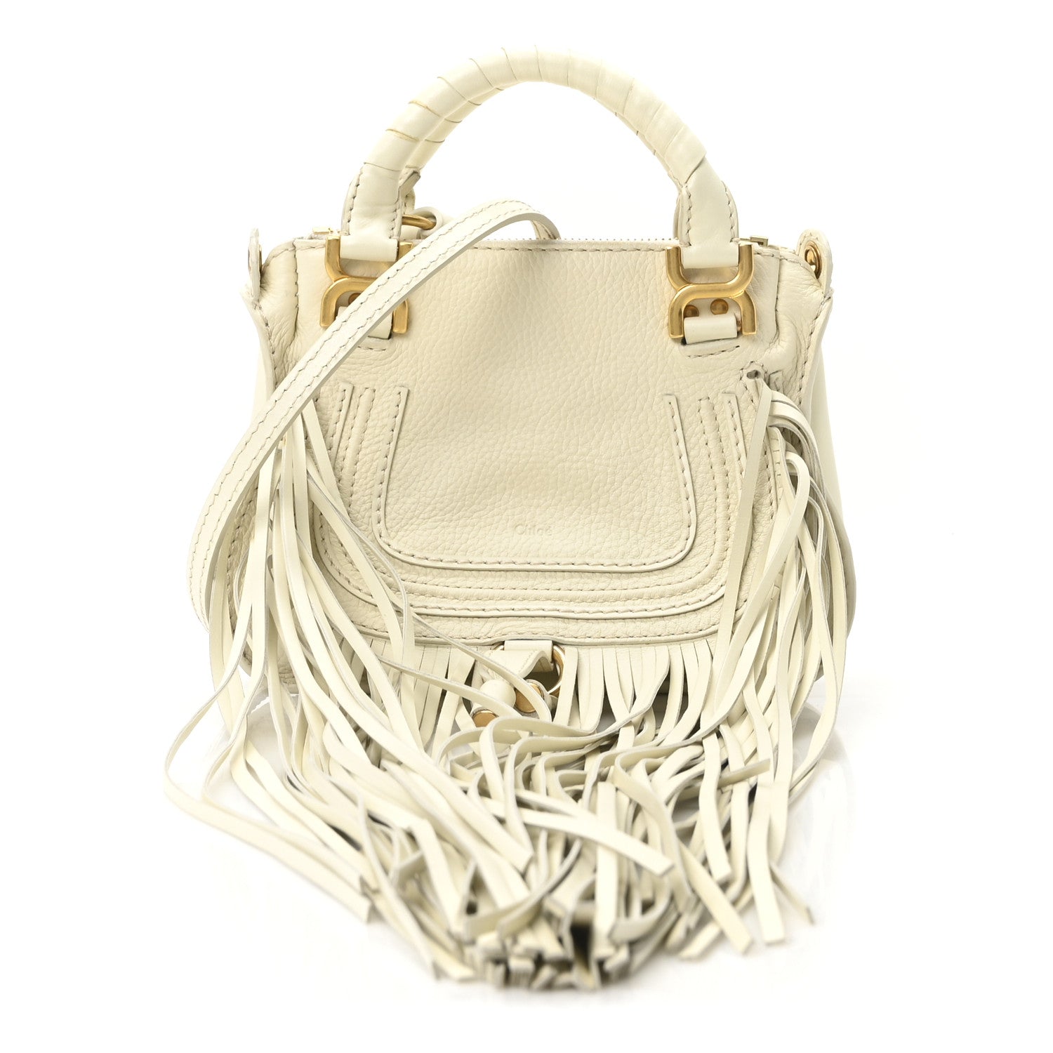 Chloe Shiny Small Grain Calfskin Mini Marcie Multi Fringe Satchel Natural White 1 of 10