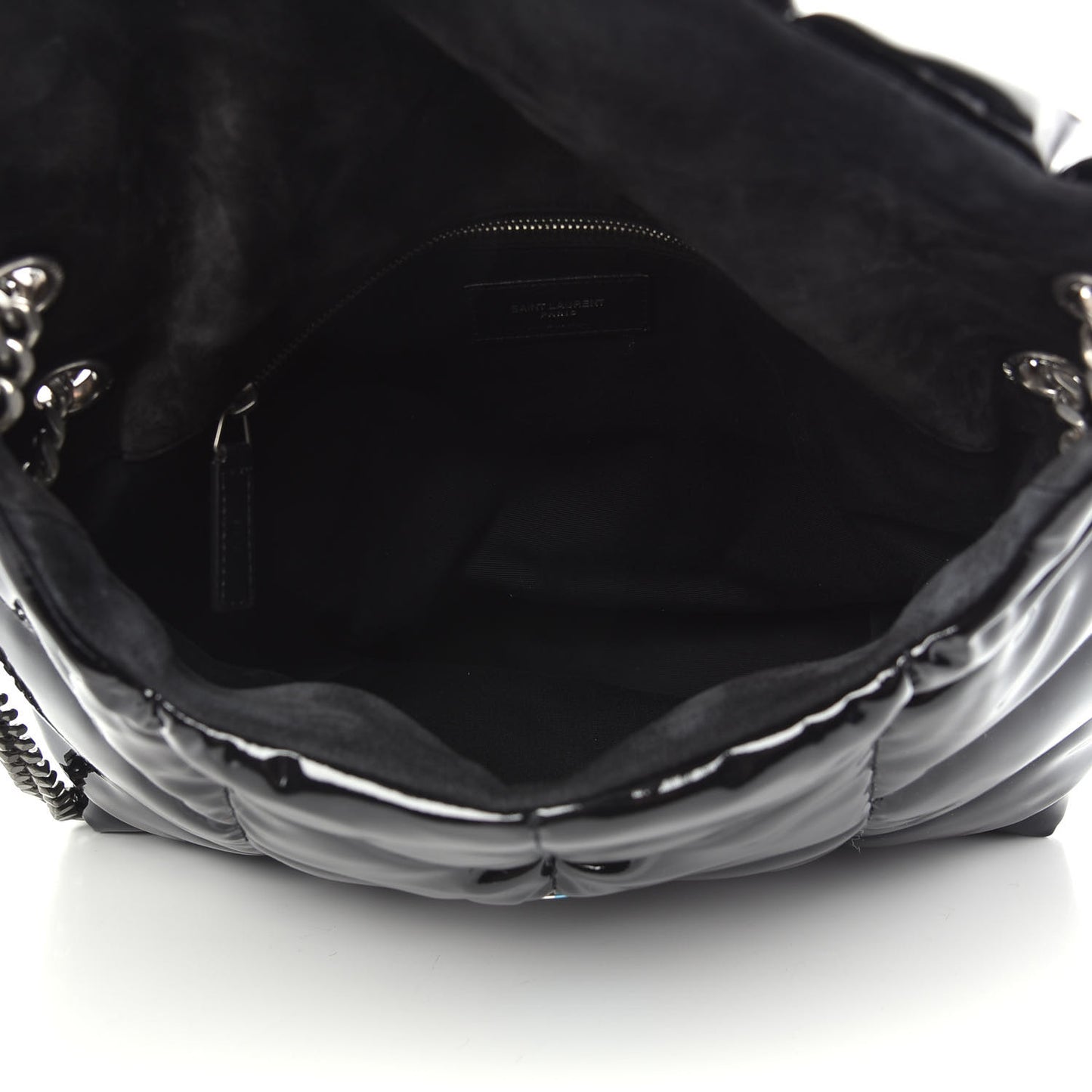 Patent Lambskin Quilted Medium Loulou Puffer Monogram Chain Satchel Black