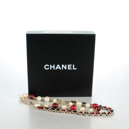 Chanel Tweed Pearl CC Beaded Necklace Red Gold 6 of 6