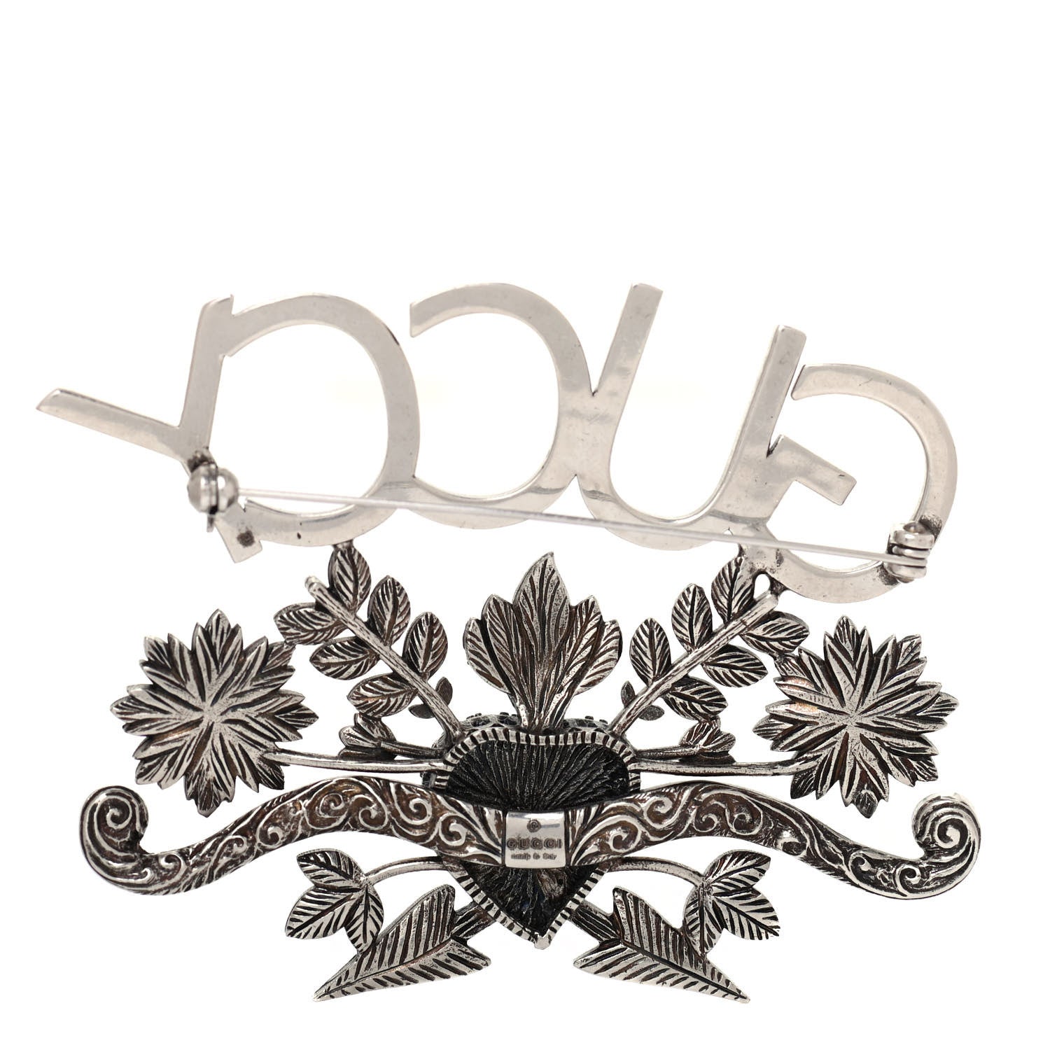Gucci Metal Crystal Guccy Brooch Aged Silver 3 of 4