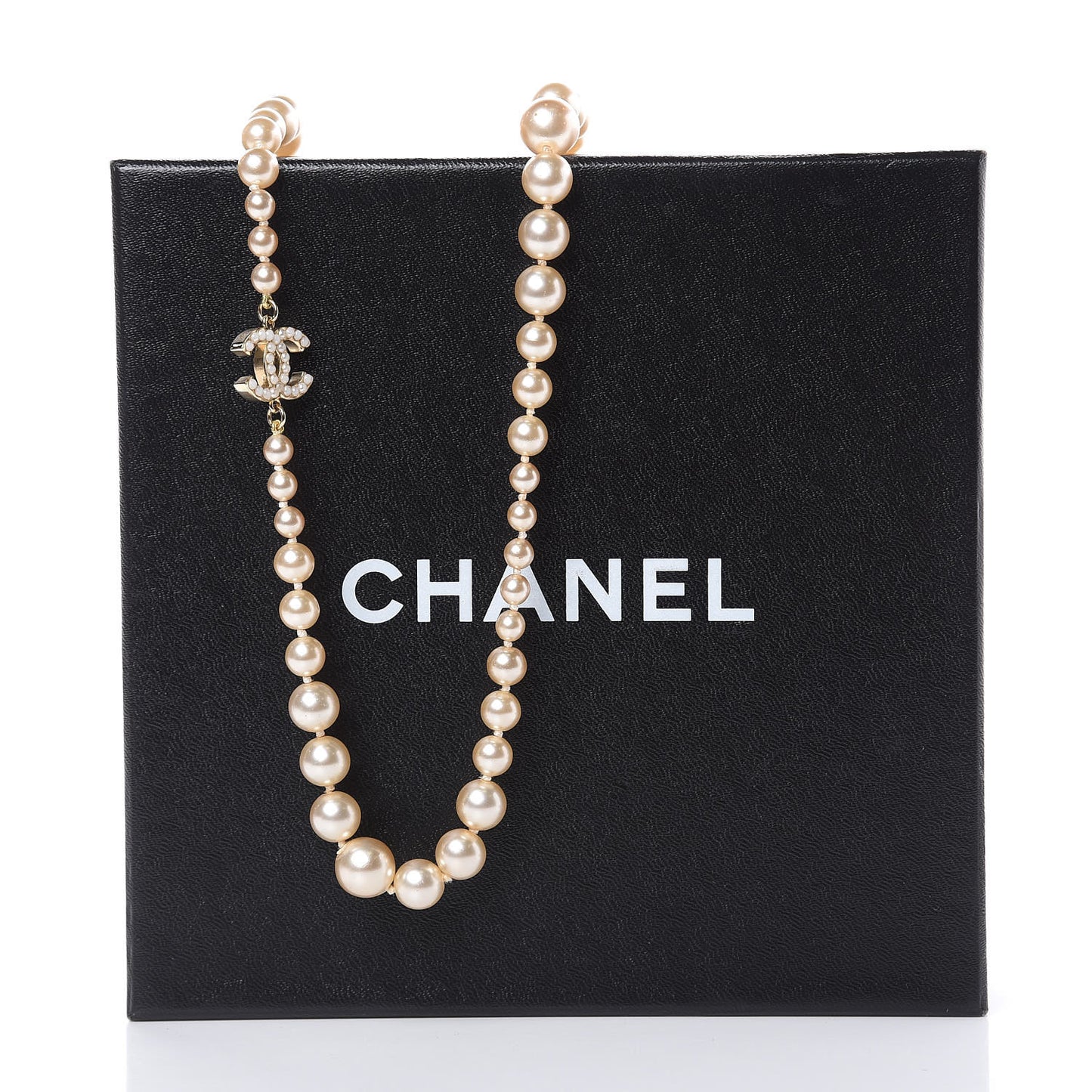 Graduated Pearl CC Long Necklace Light Gold