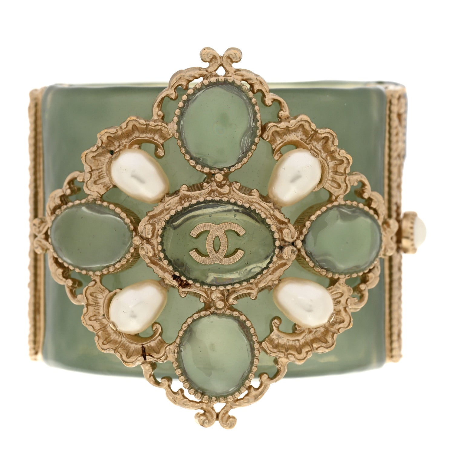 Chanel Resin Gripoix Pearl CC Cuff Green 1 of 4