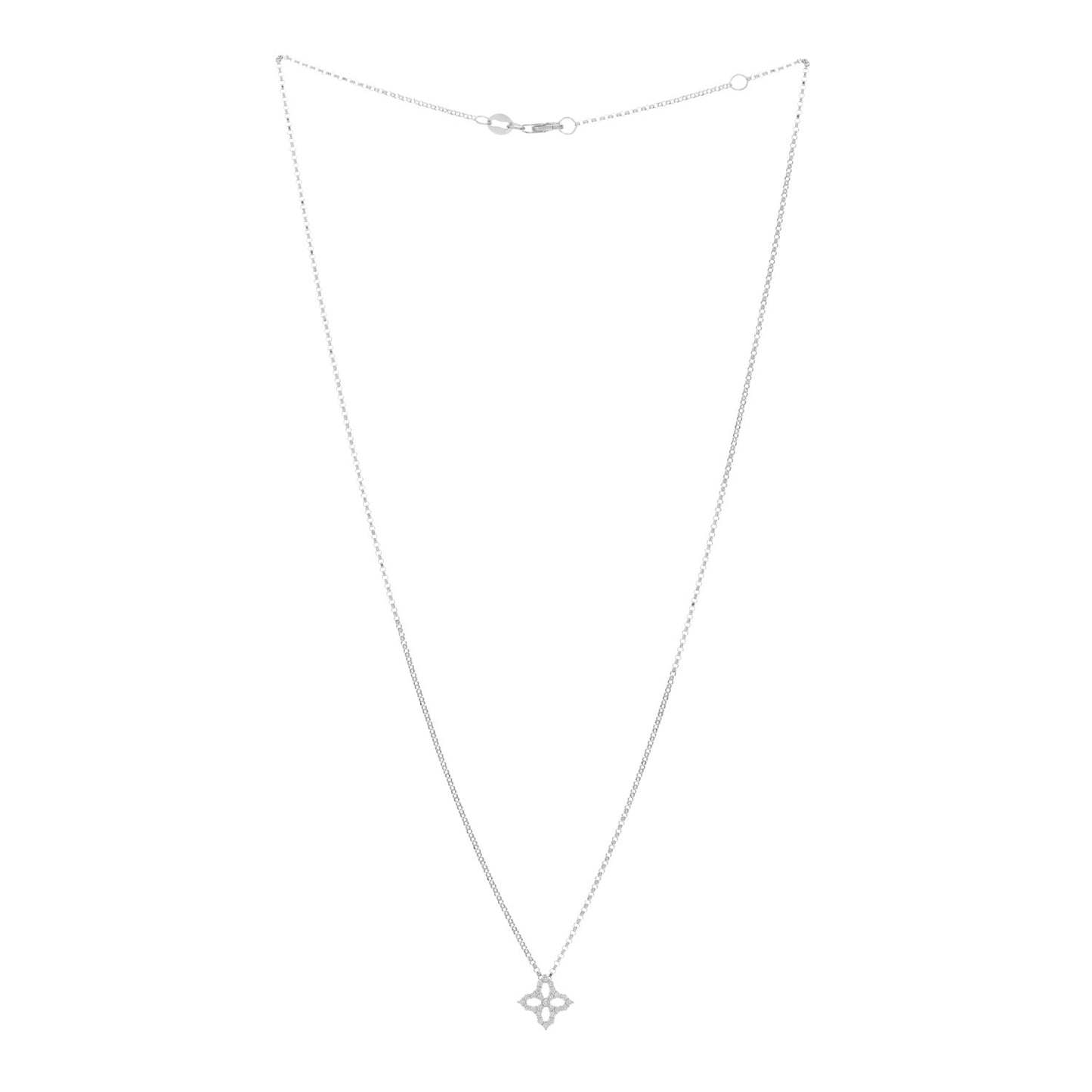 18K White Gold Diamond Small Princess Open Flower Pendant Necklace