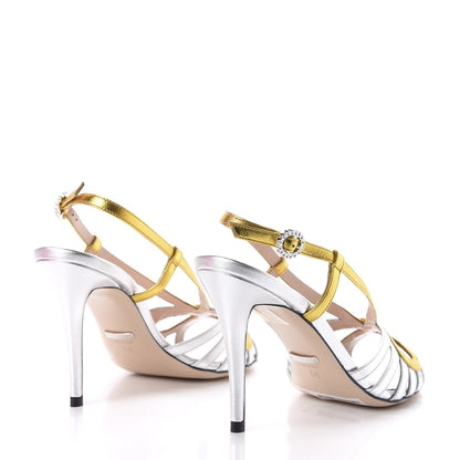 Gucci Metallic Nappa Crystal Zephyra Slingback High Heel Sandals 36 Silver Gold 4 of 9