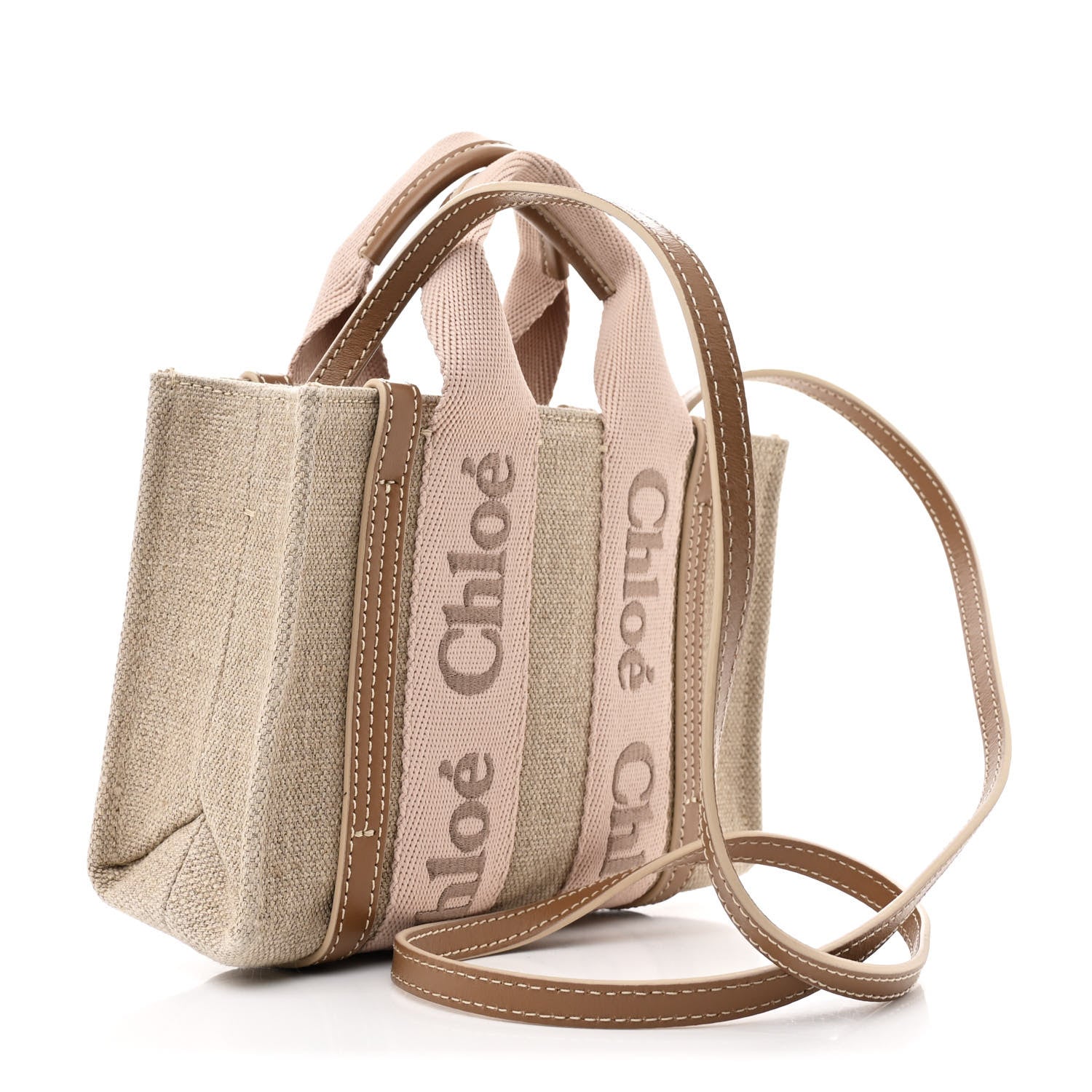 Chloe Linen Calfskin Mini Woody Ribbon Tote With Strap Blushy Beige 3 of 11