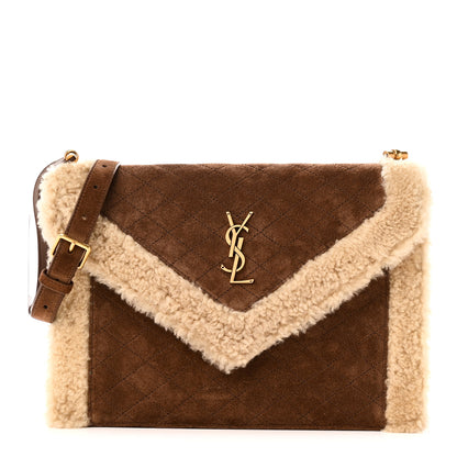 Saint Laurent Nubuck Shearling Quilted Medium Gaby Satchel Natural Tan 1 of 9