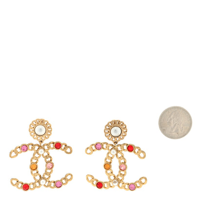 Chanel Pearl Crystal Chain Link CC Drop Earrings Gold Red Pink Yellow 2 of 4