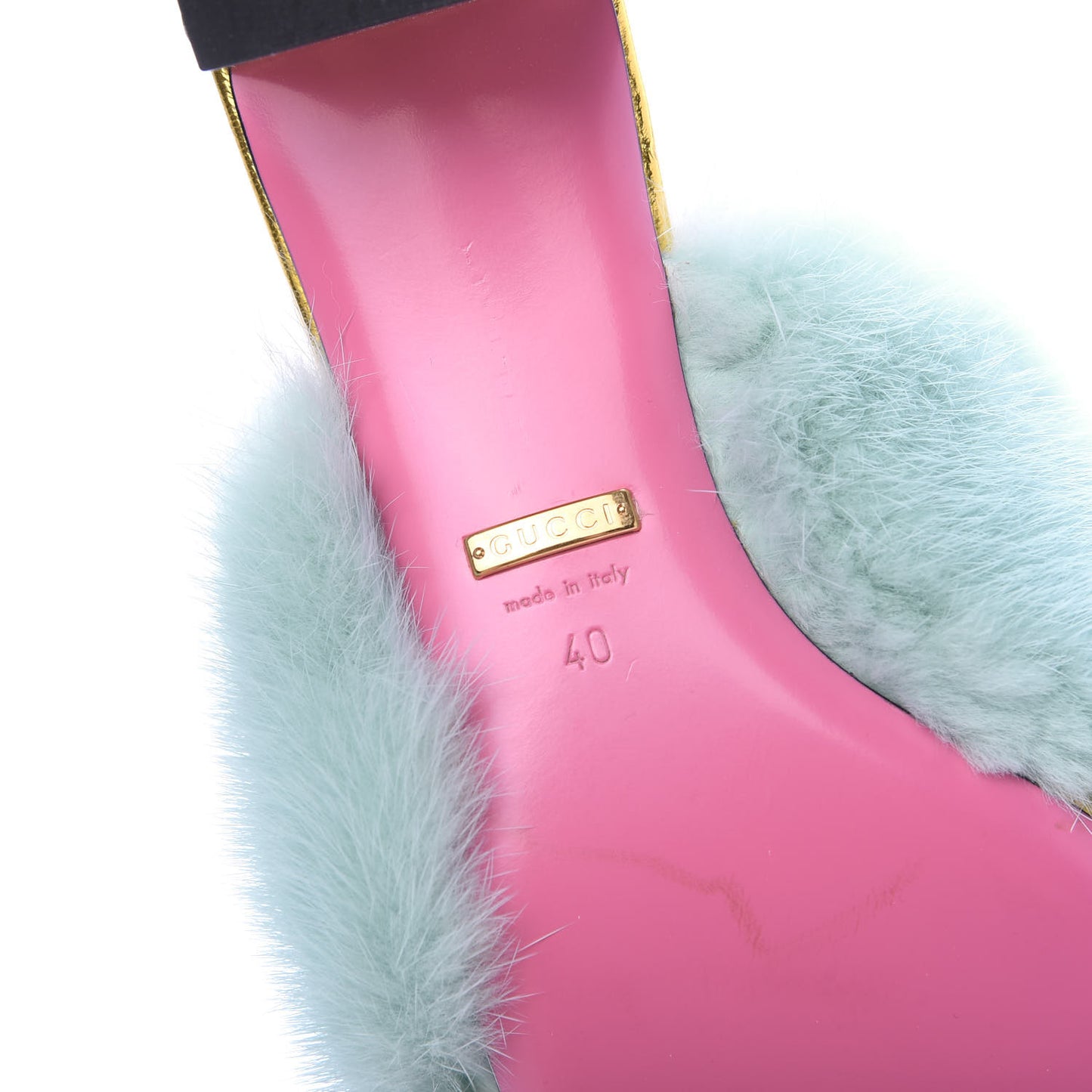 Mink Nappa Crystal Candy Mules 40 Vibrant Turquoise Gold