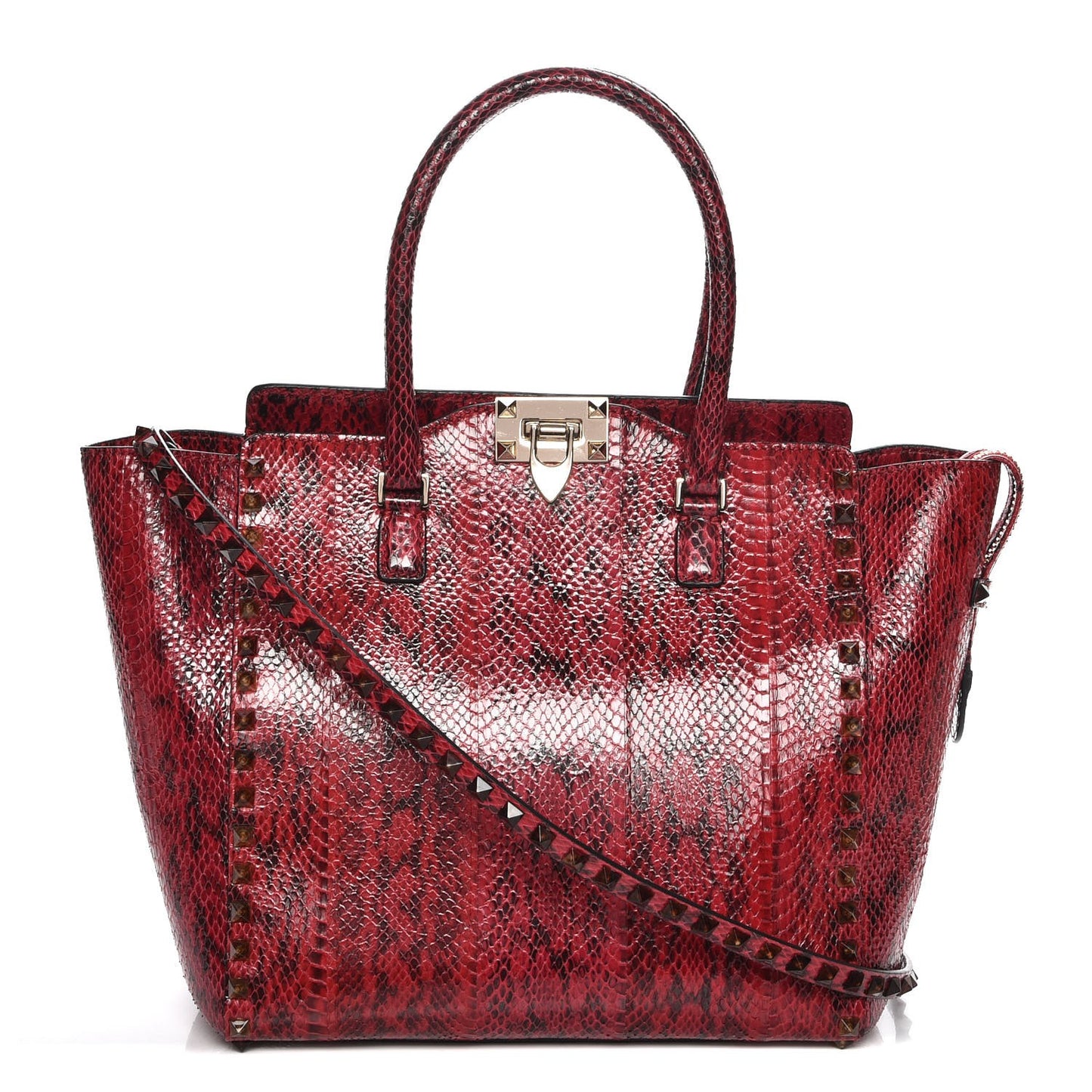 Snakeskin Rockstud Double Handle Tote Rouge