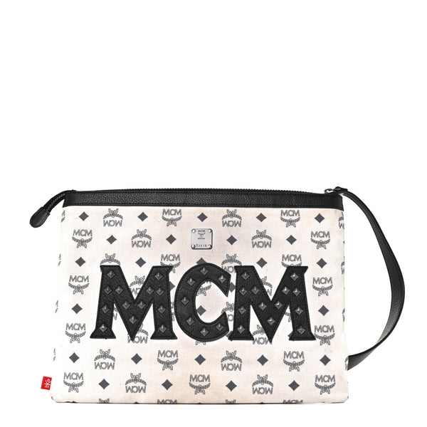 MCM X Ekocycle Visetos Wristlet Pouch White Black 1012070