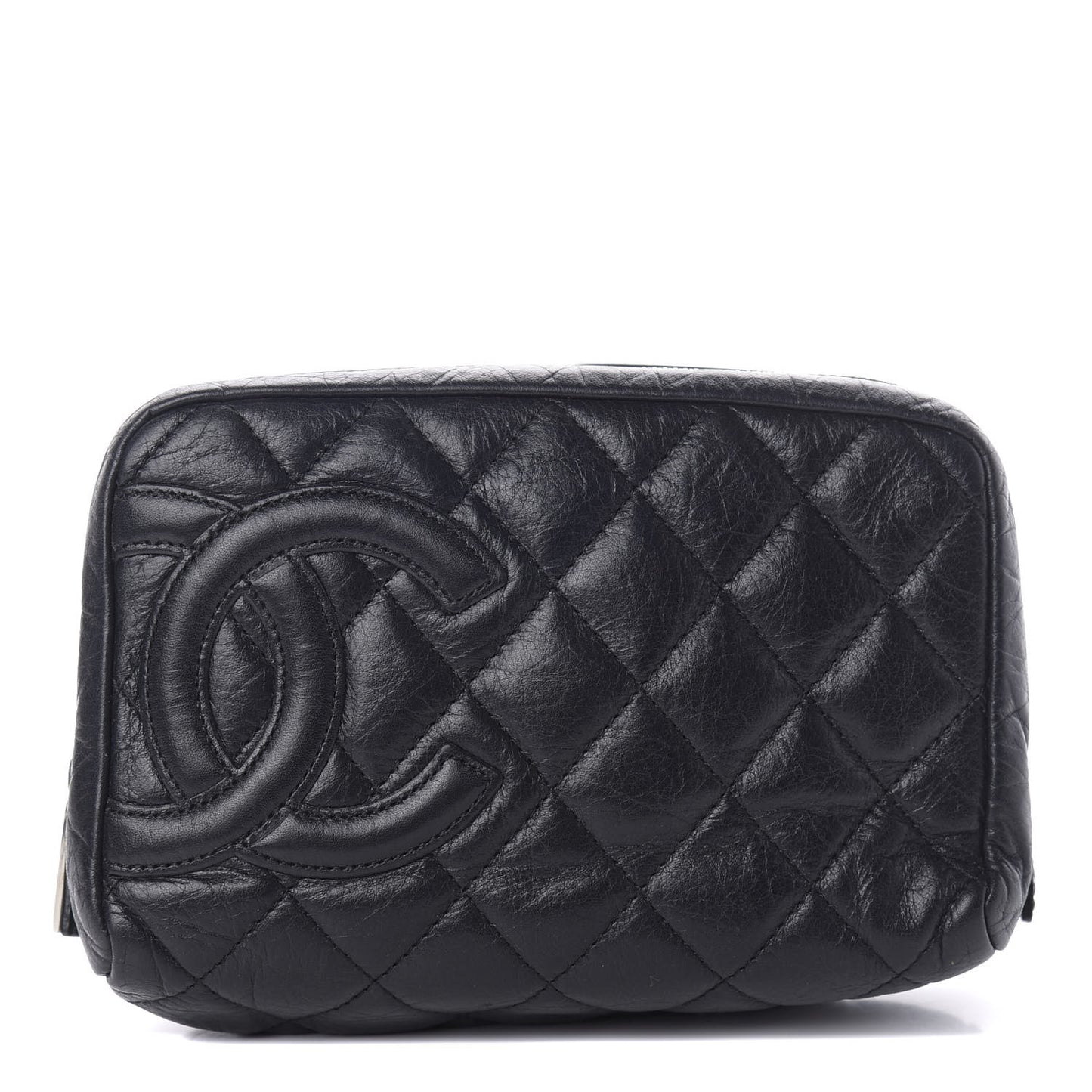 Aged Calfskin Quilted Cambon Cosmetic Case Black