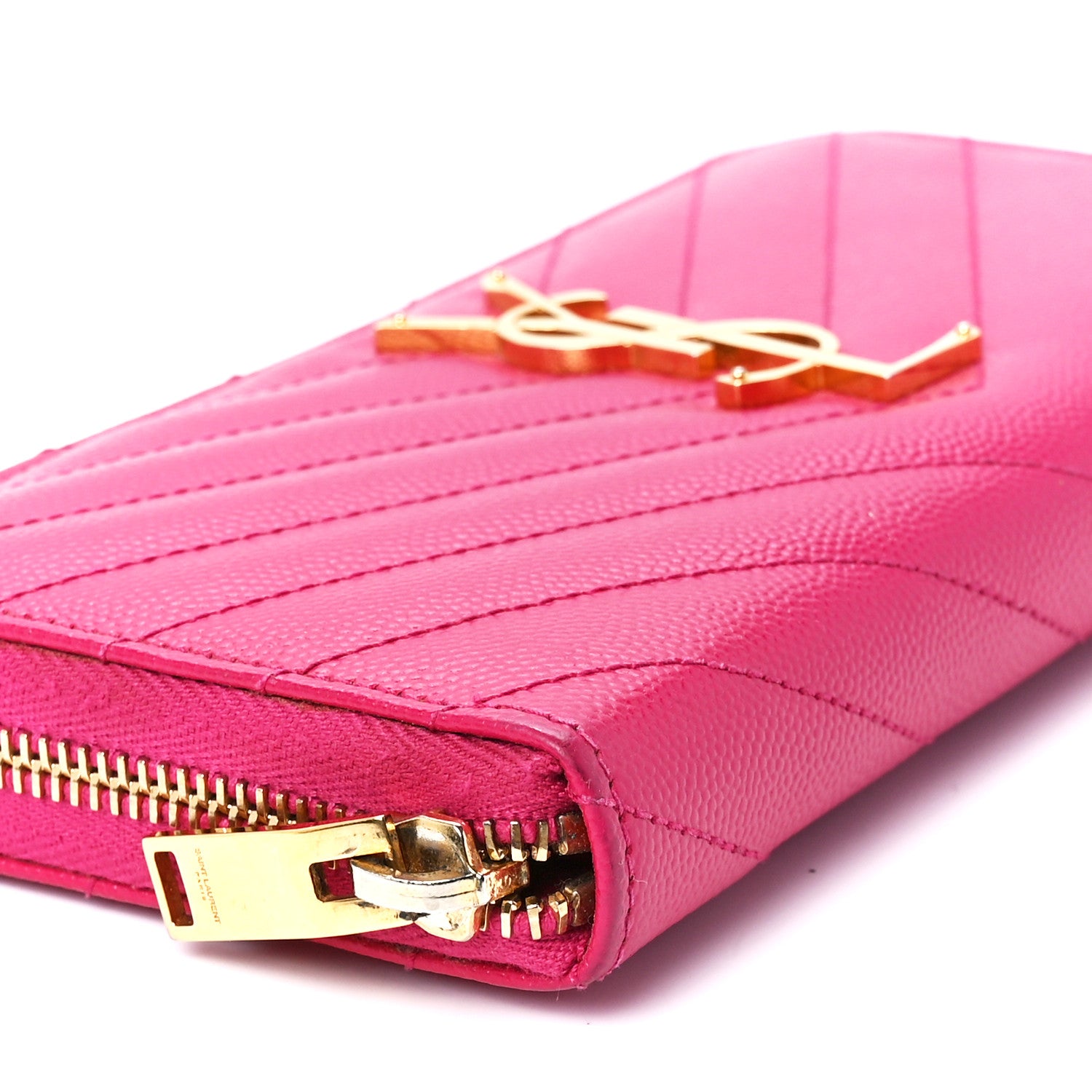 Saint Laurent Grain De Poudre Matelasse Chevron Monogram Zip Around Wallet Fuchsia 9 of 10