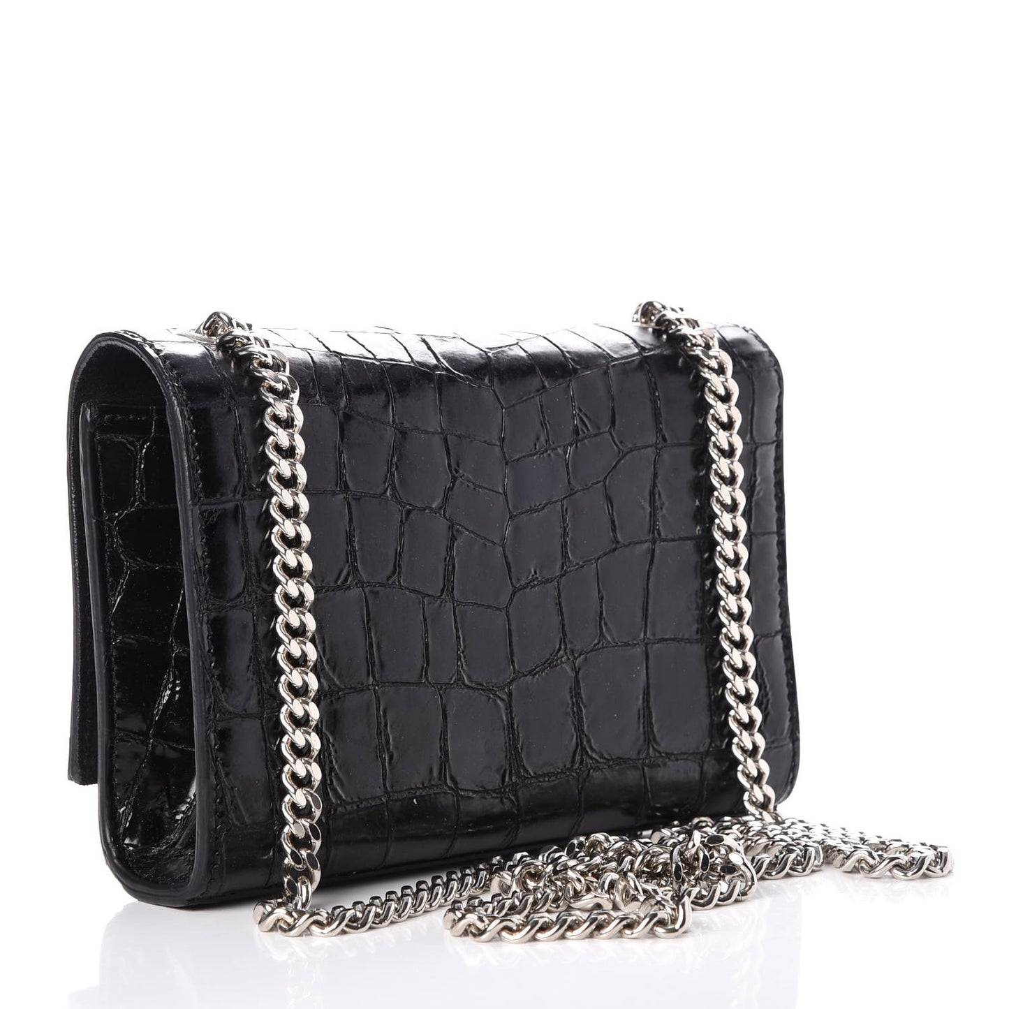 Croc Calfskin Embossed Small Classic Monogram Kate Tassel Satchel Black