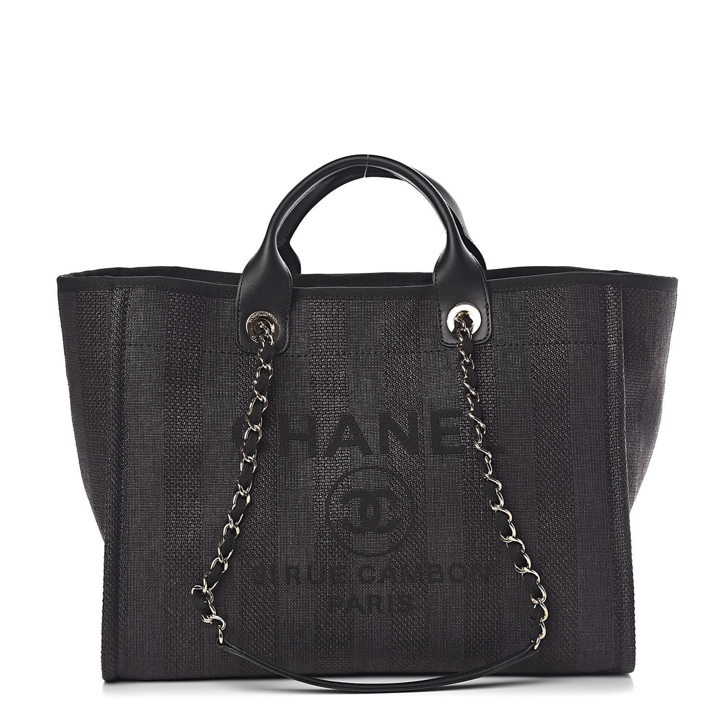 Straw Raffia Calfskin Striped Large Deauville Tote Black