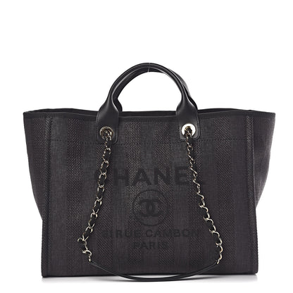 Chanel Straw Raffia Calfskin Striped Large Deauville Tote Black 1 of 10