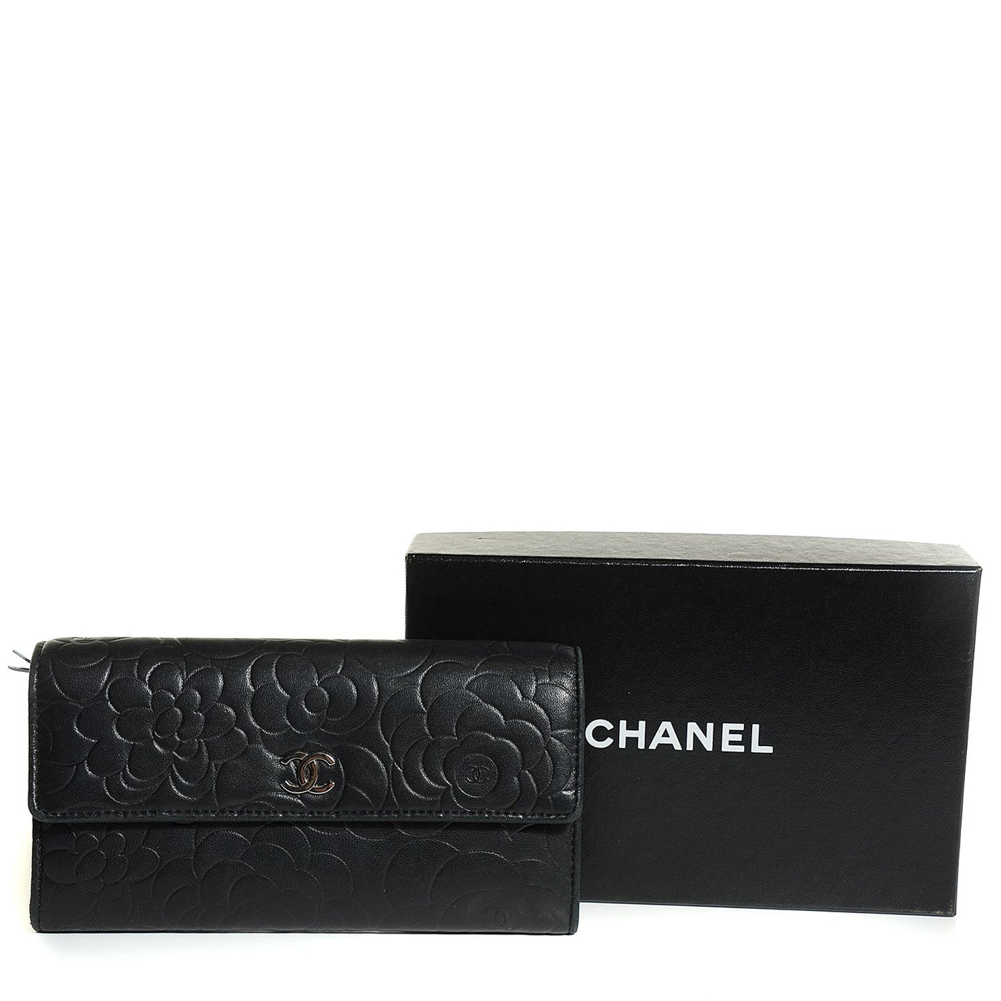 Lambskin Embossed Camellia Large Gusset Flap Wallet Black