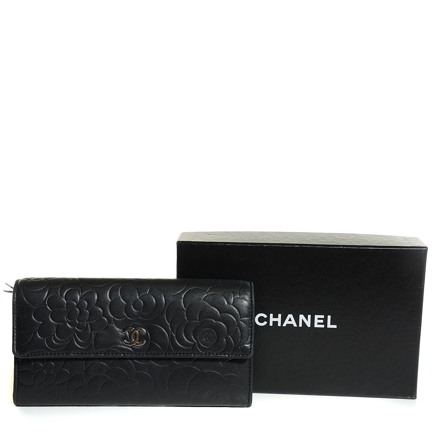 Chanel Lambskin Embossed Camellia Large Gusset Flap Wallet Black 5 of 9