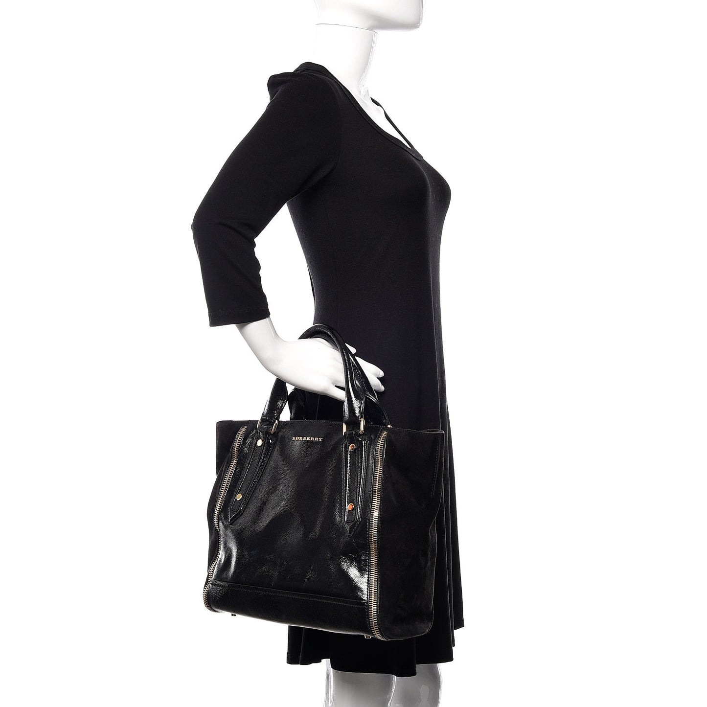 Patent Suede Zip Detail Tote Black