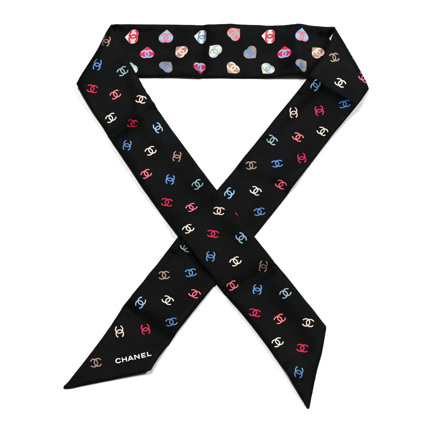 Chanel Silk Heart CC Slim Bandeau Scarf Black 1 of 3