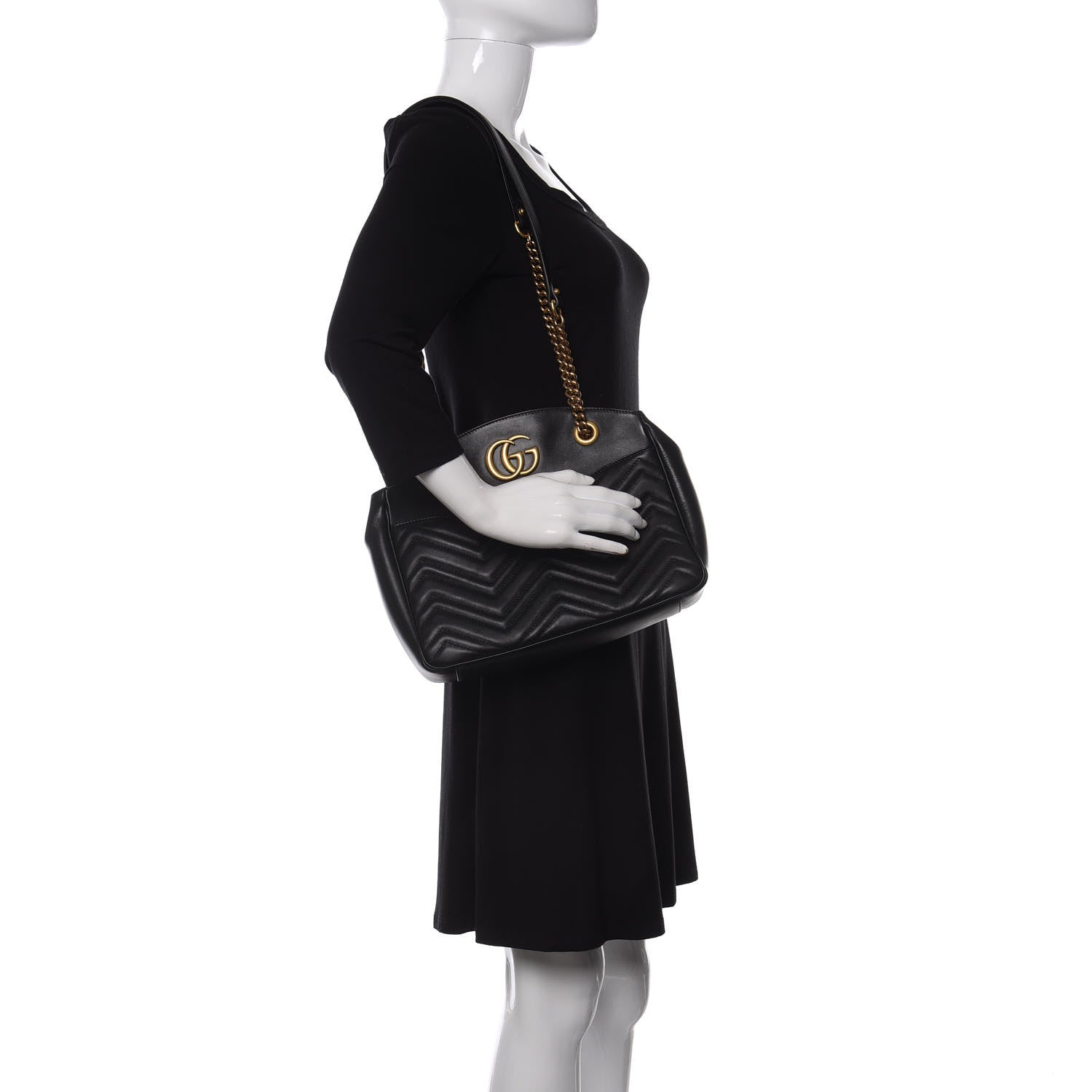Gucci Calfskin Matelasse Medium GG Marmont Open Top Shoulder Bag Black 2 of 10