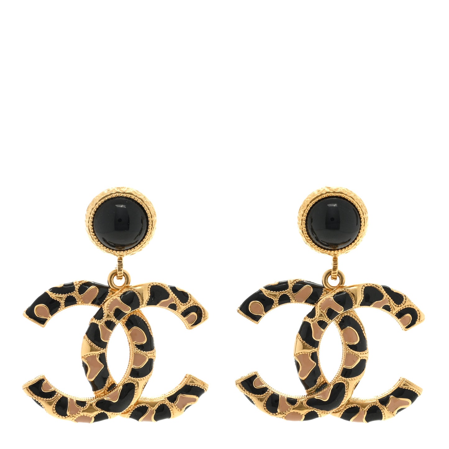 Metal Leopard Print CC Earrings Gold Black Beige