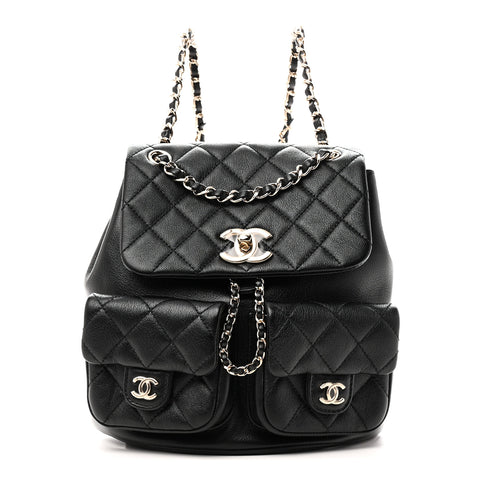Calfskin Quilted Medium Duma Pockets Drawstring Backpack Black
