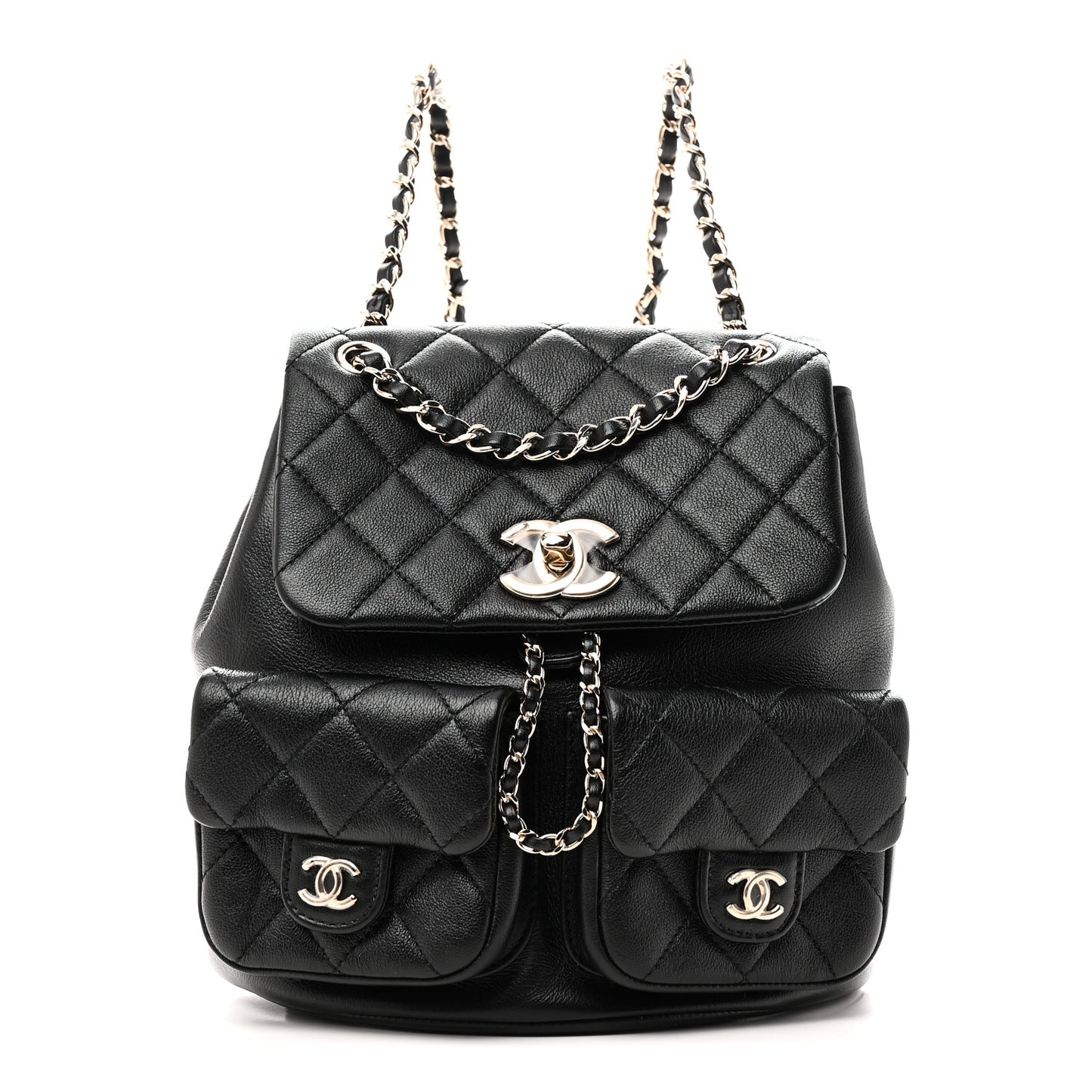 Calfskin Quilted Medium Duma Pockets Drawstring Backpack Black