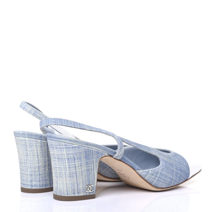 Chanel Denim Lambskin Cap Toe CC Slingback Pumps 39 Light Blue White 4 of 9