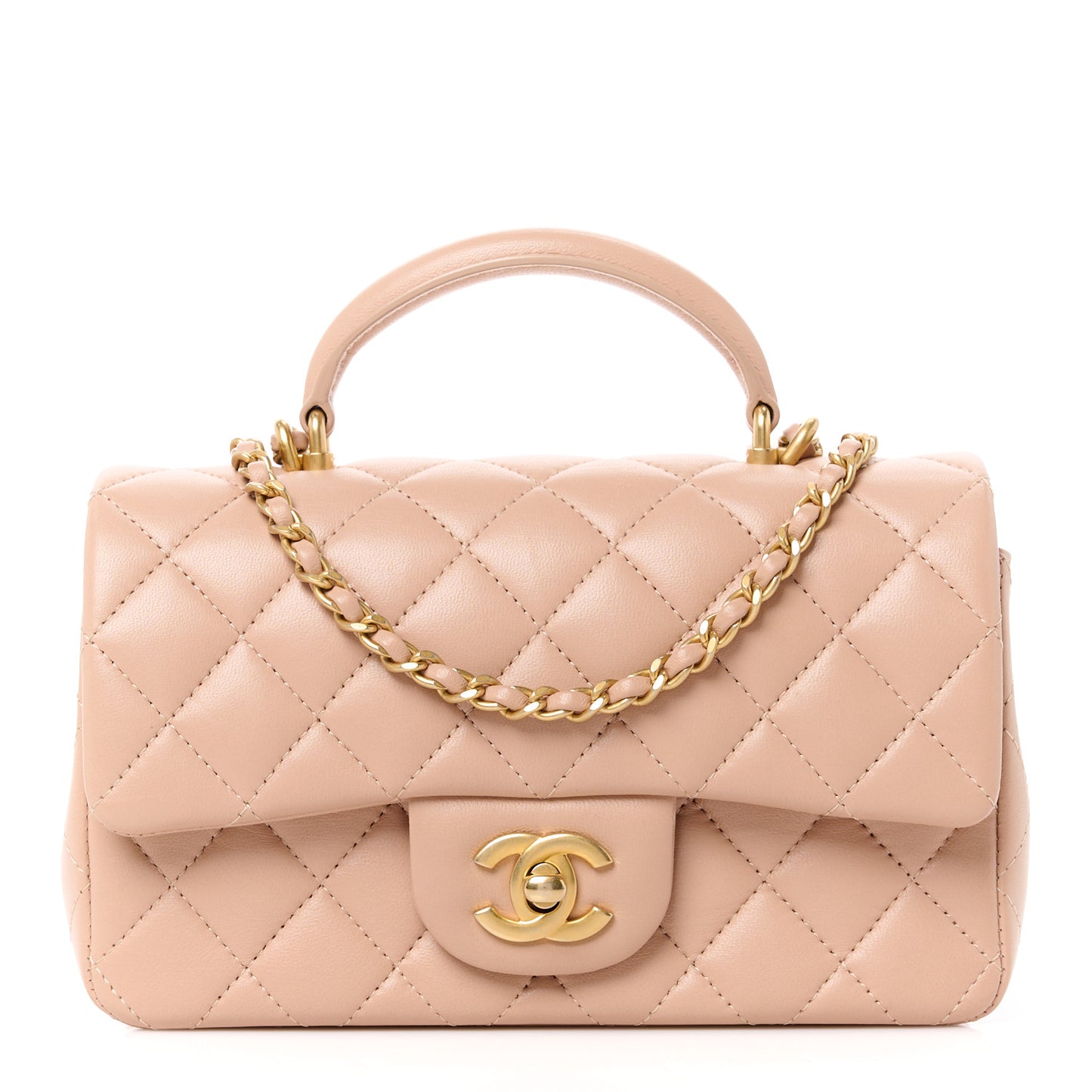 Lambskin Quilted Mini Top Handle Rectangular Flap Beige