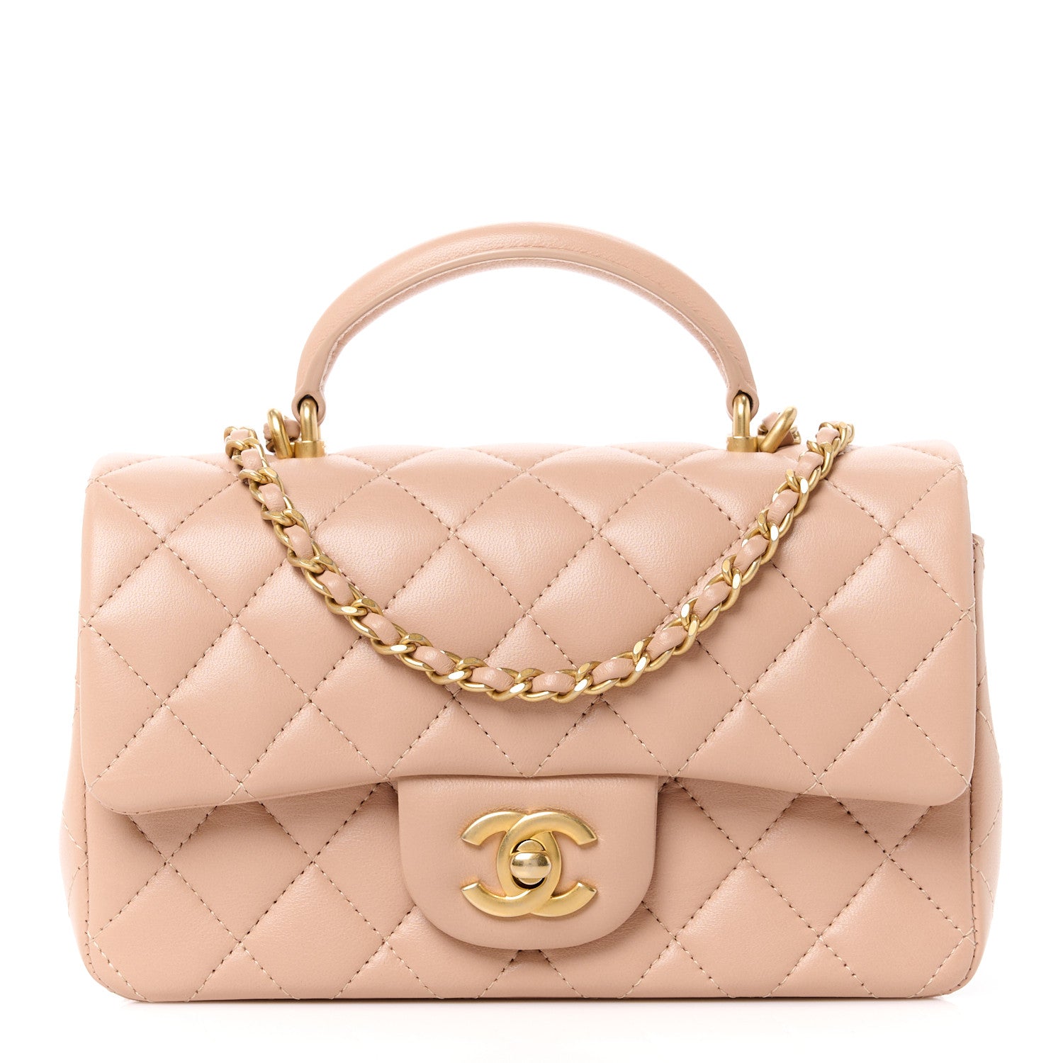 Chanel Lambskin Quilted Mini Top Handle Rectangular Flap Beige 1 of 12