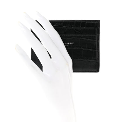 Saint Laurent Calfskin Crocodile Embossed Card Case Black 2 of 7