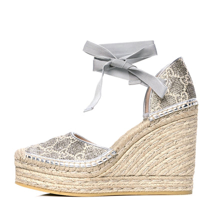 Gucci Lame GG Monogram Ankle Wrap Platform Espadrille Wedges 39 Silver 1 of 4