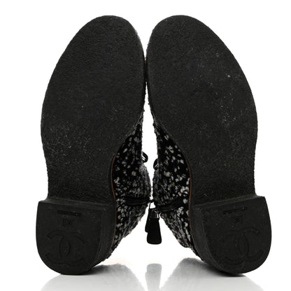 Chanel Tweed Quilted Lace Up Short Boots 36 Black White 4 of 7