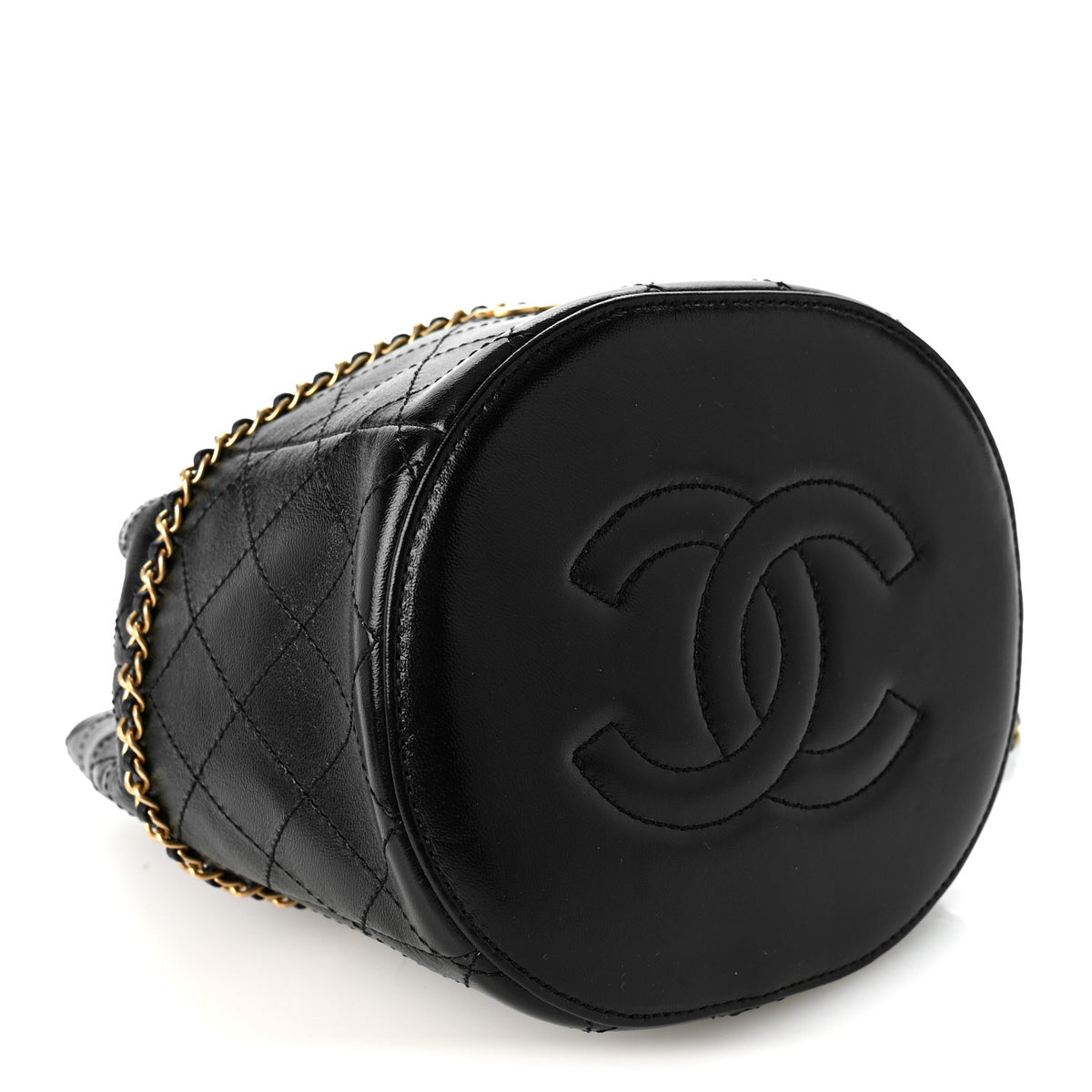 Chanel Shiny Lambskin Quilted Chain Around Drawstring Bucket Clutch With Chain Black 4 of 10