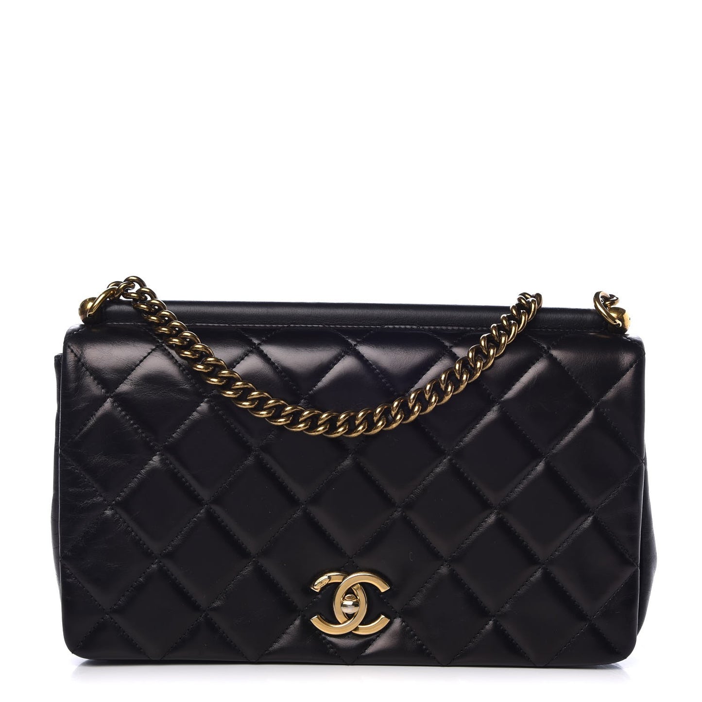 Calfskin Quilted Gold Bar Flap Black