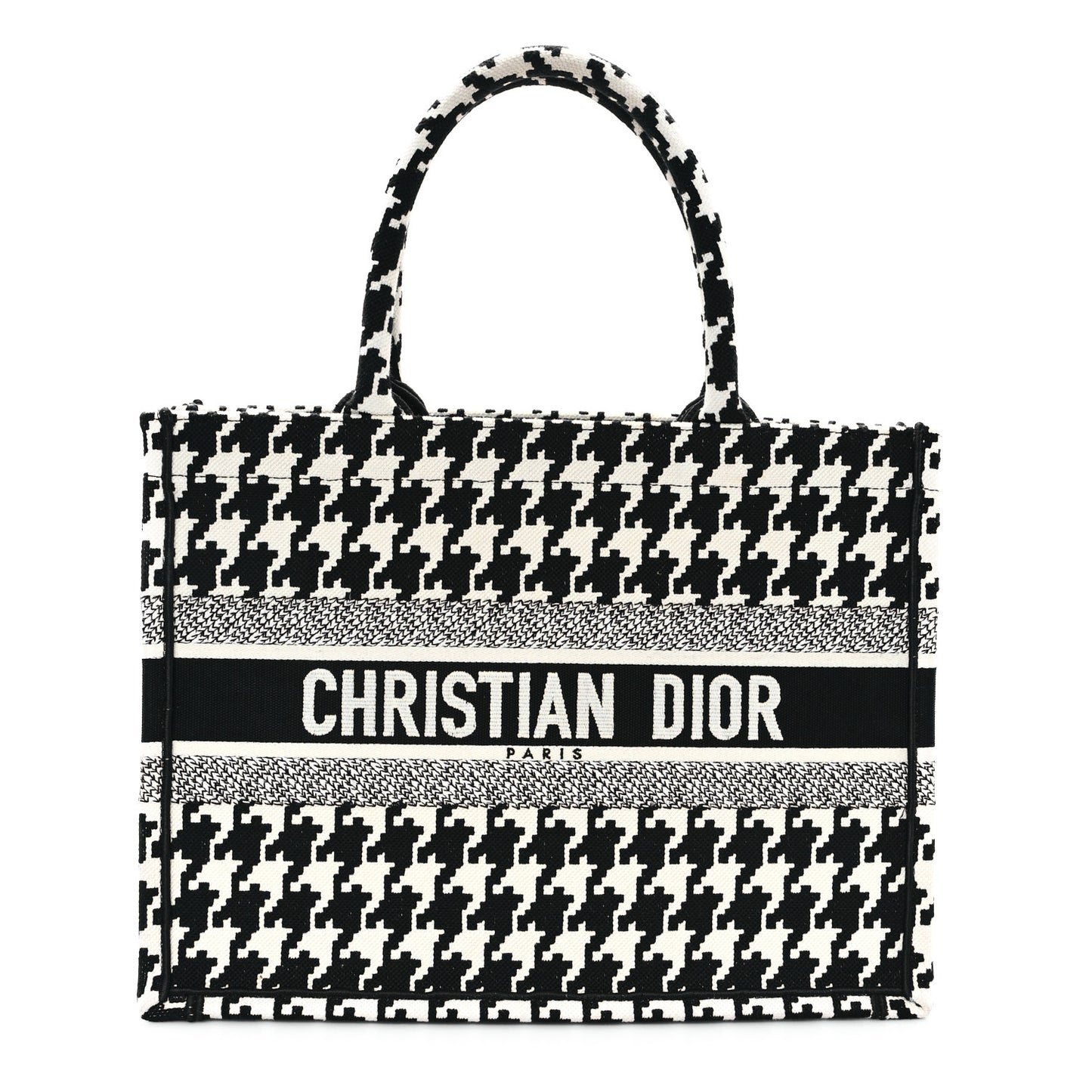 Canvas Macro Houndstooth Embroidered Medium Book Tote Black White
