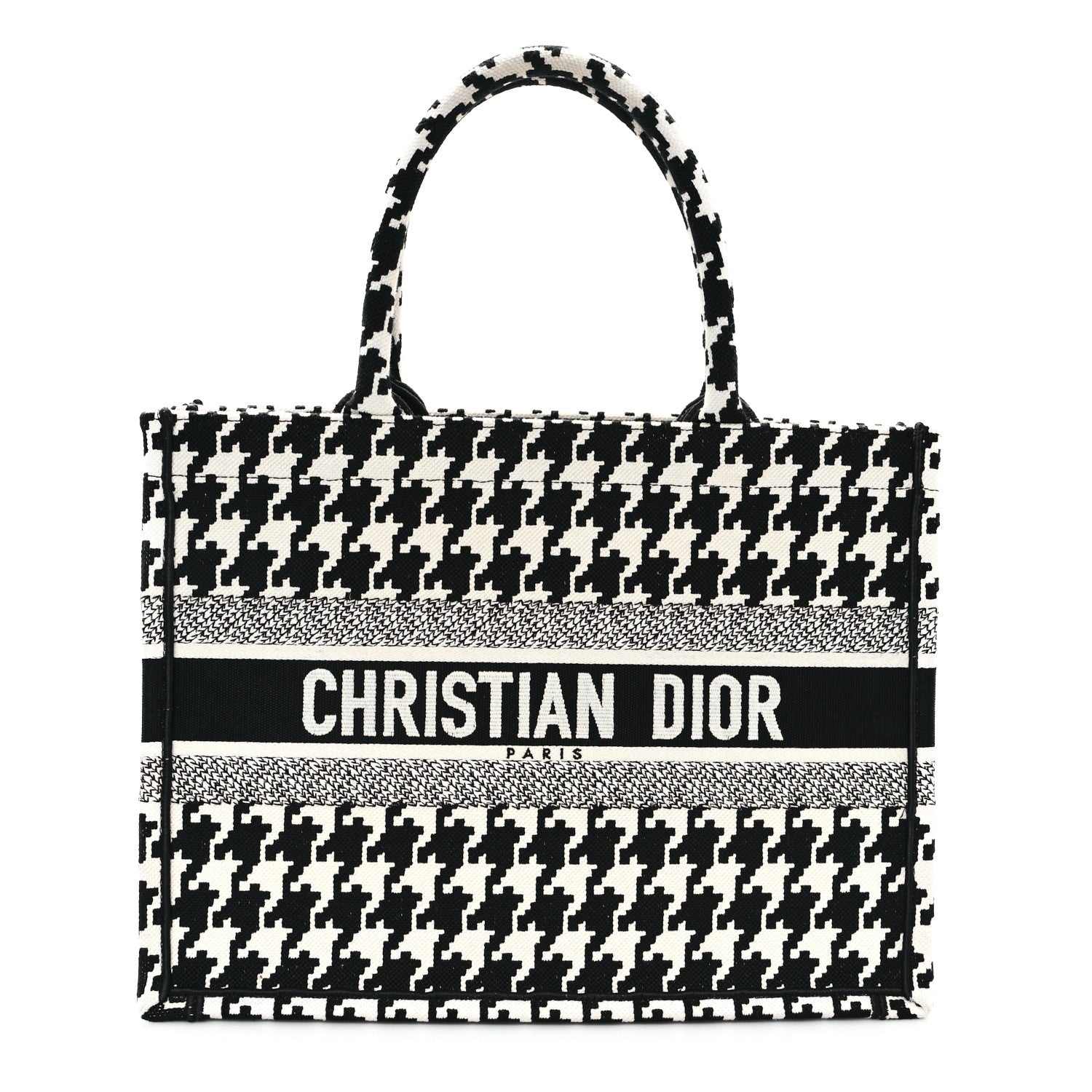 Christian Dior Canvas Macro Houndstooth Embroidered Medium Book Tote Black White 1 of 13