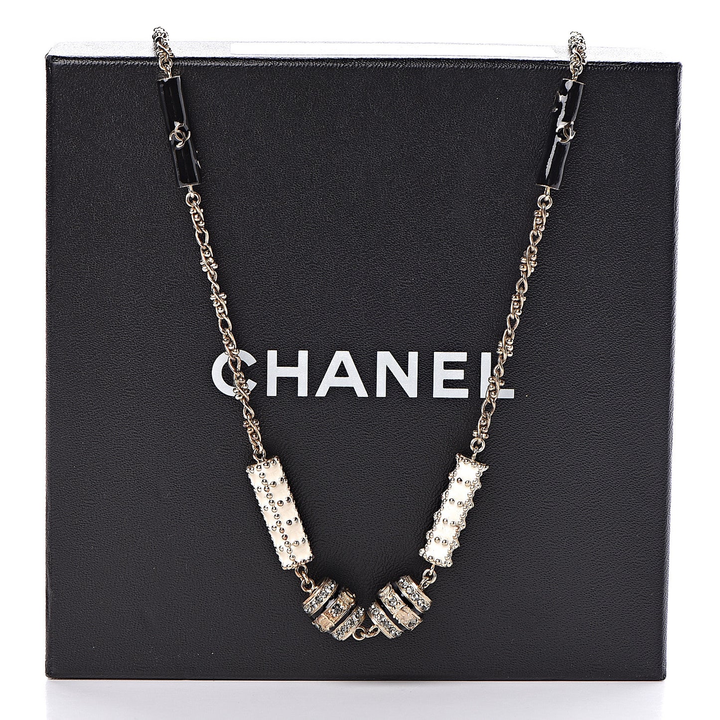 Resin Crystal Studded CC Station Necklace White Gold