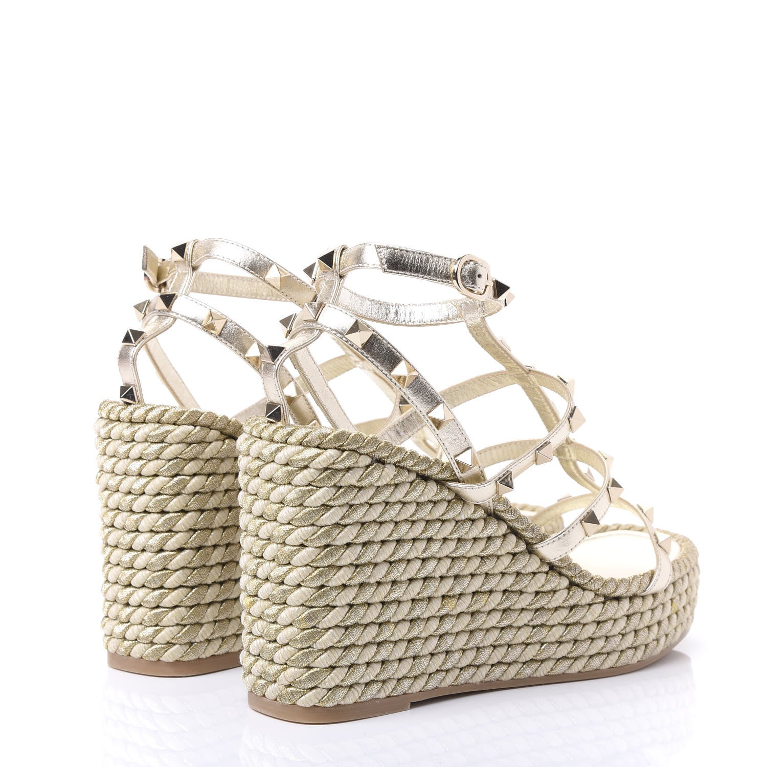 Valentino Garavani Metallic Nappa Rockstud Ankle Strap Torchon Espadrille Caged 25/95mm Wedge Sandals 38 Platino 4 of 8