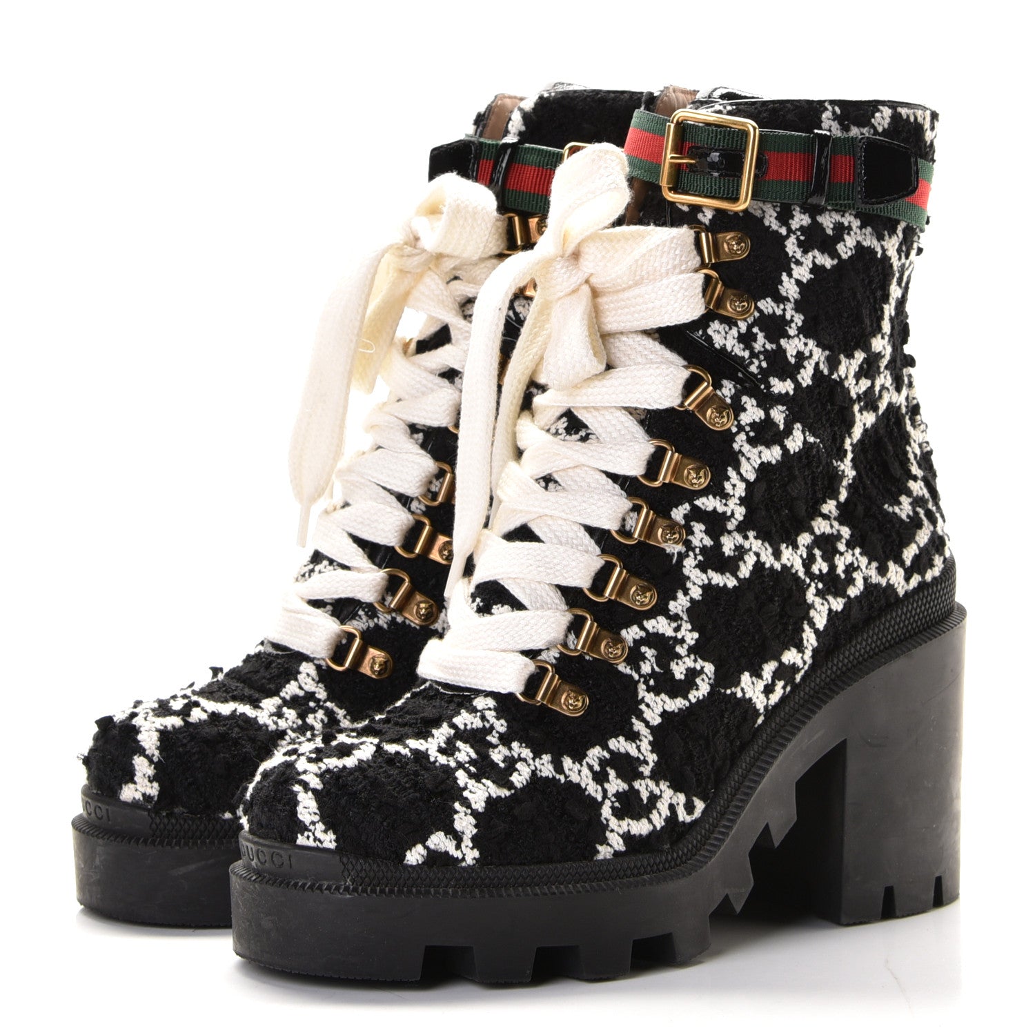 Gucci Tweed GG Monogram Lace Up Combat Ankle Boots 37.5 Black 2 of 10