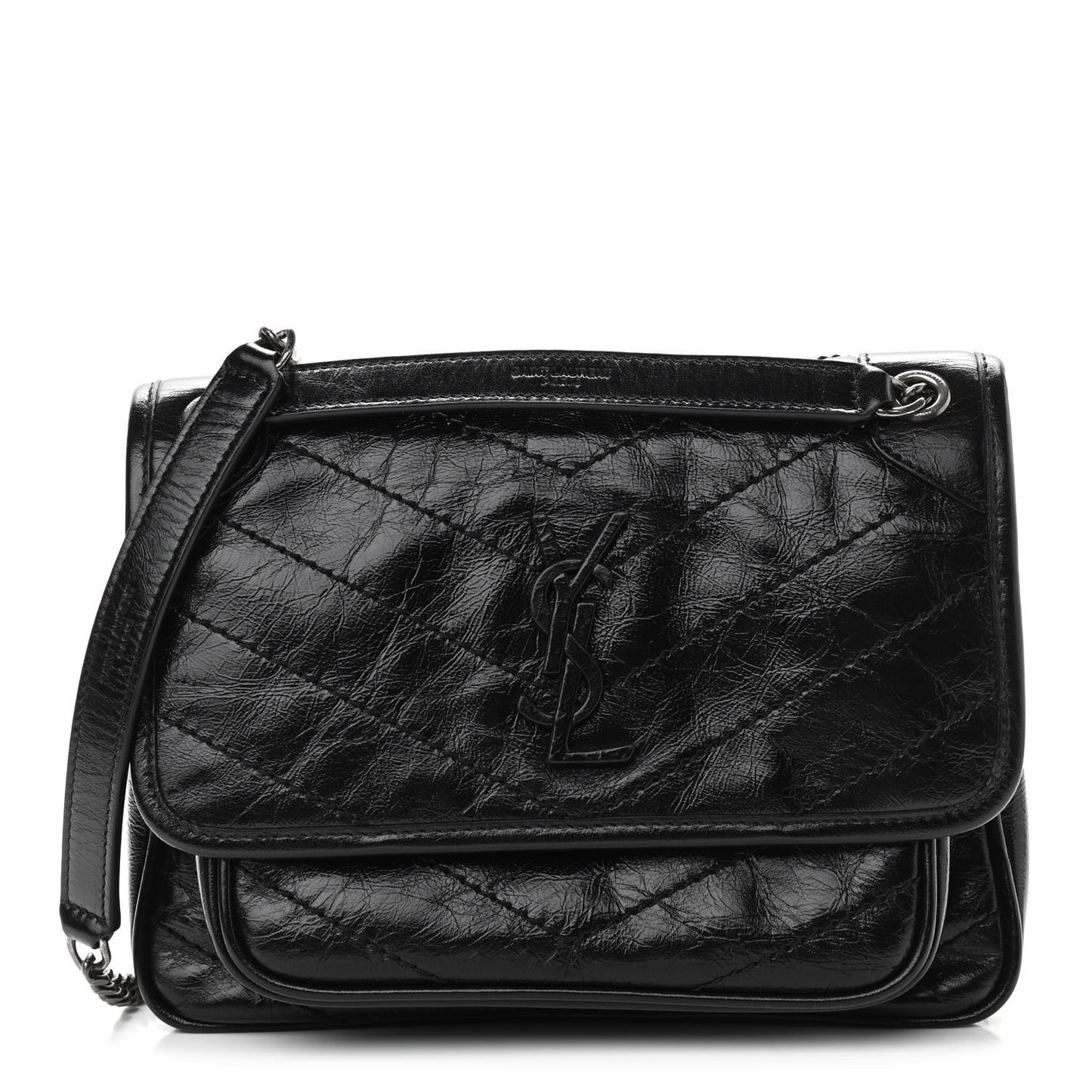 Crinkled Calfskin Matelasse Monogram Baby Niki Chain Satchel Black